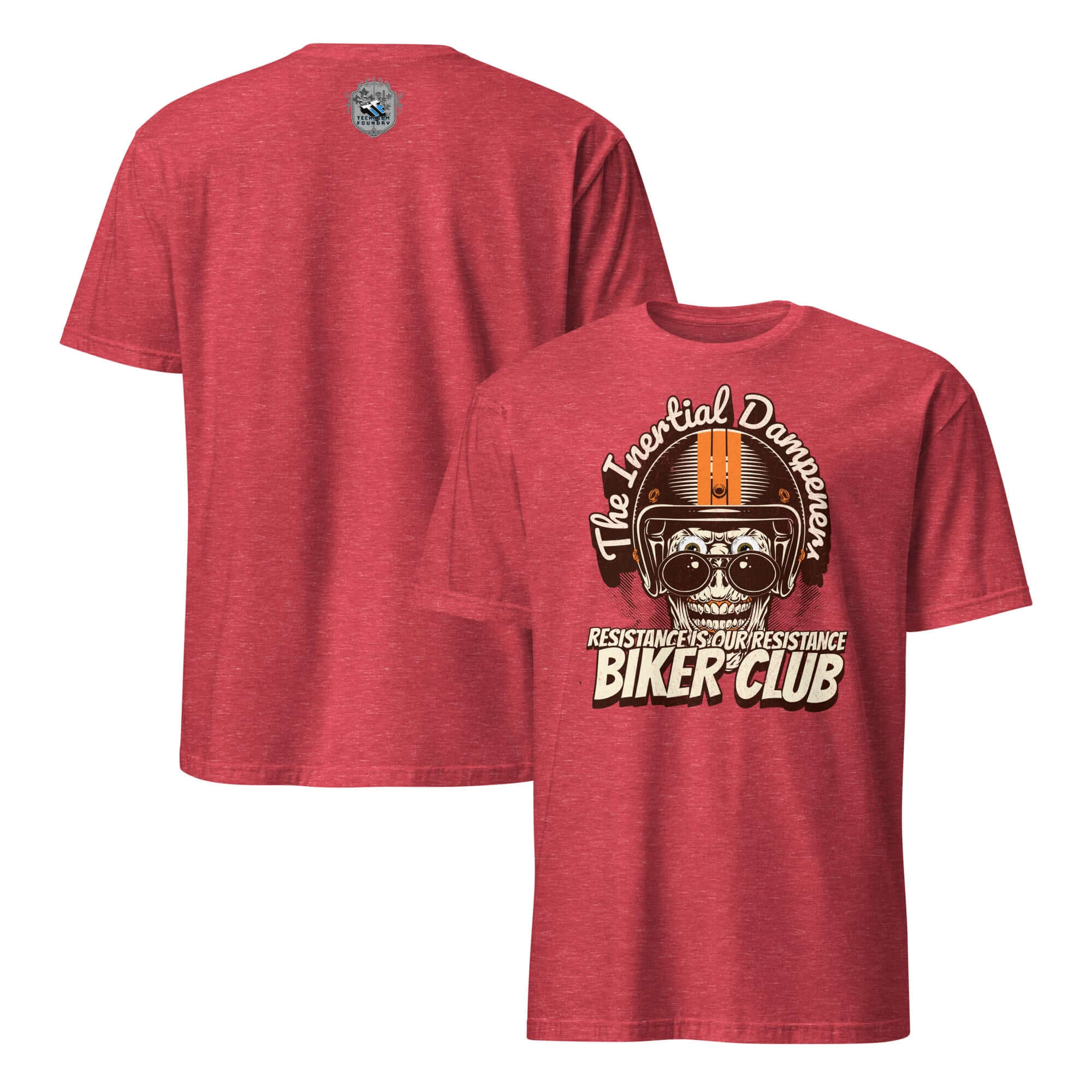 Red Inertial Dampeners Biker Club T-shirt featuring skull and physics humor design with helmet on the back.