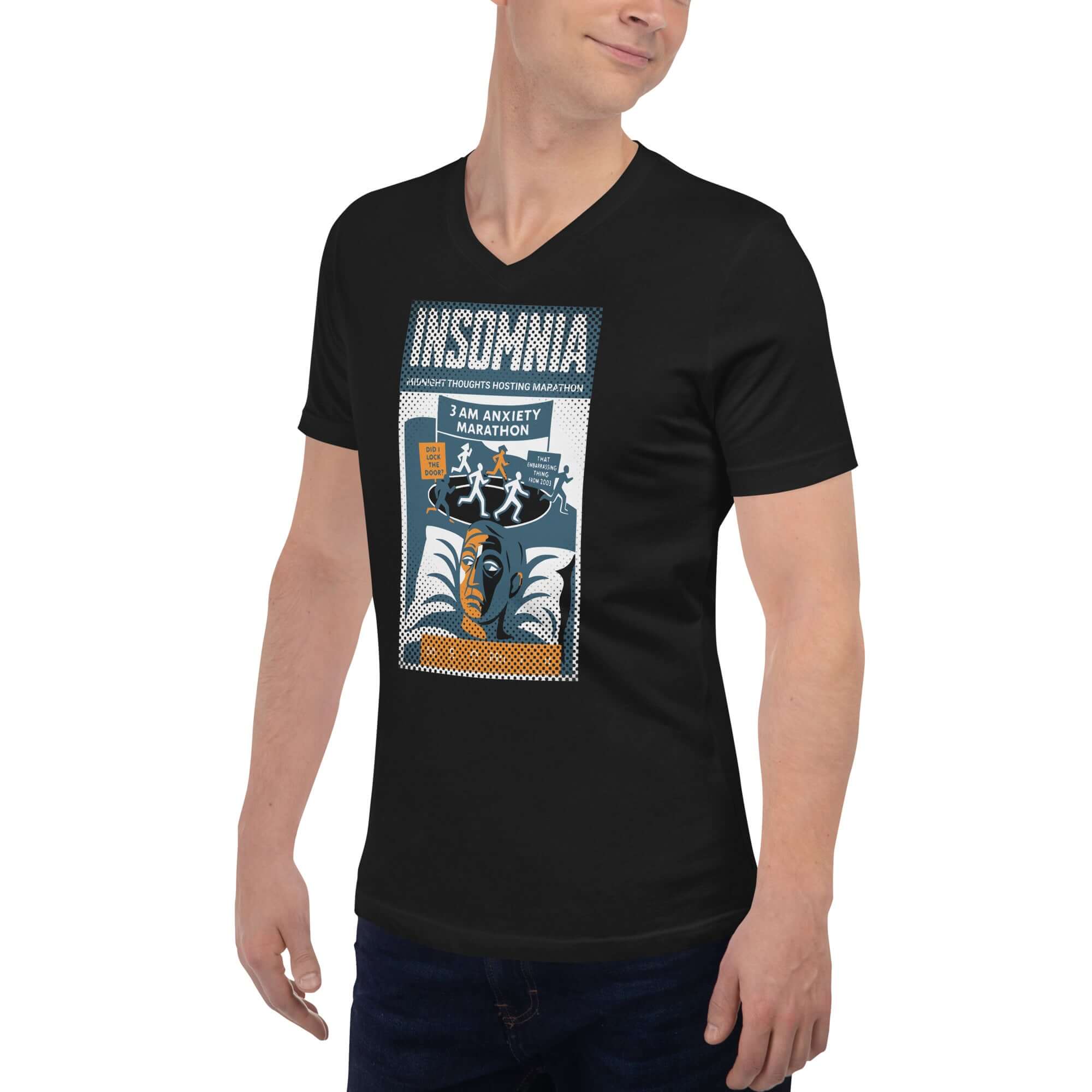 Person wearing Insomnia T-Shirt featuring 'Midnight Thoughts Hosting Marathon' vintage poster design.