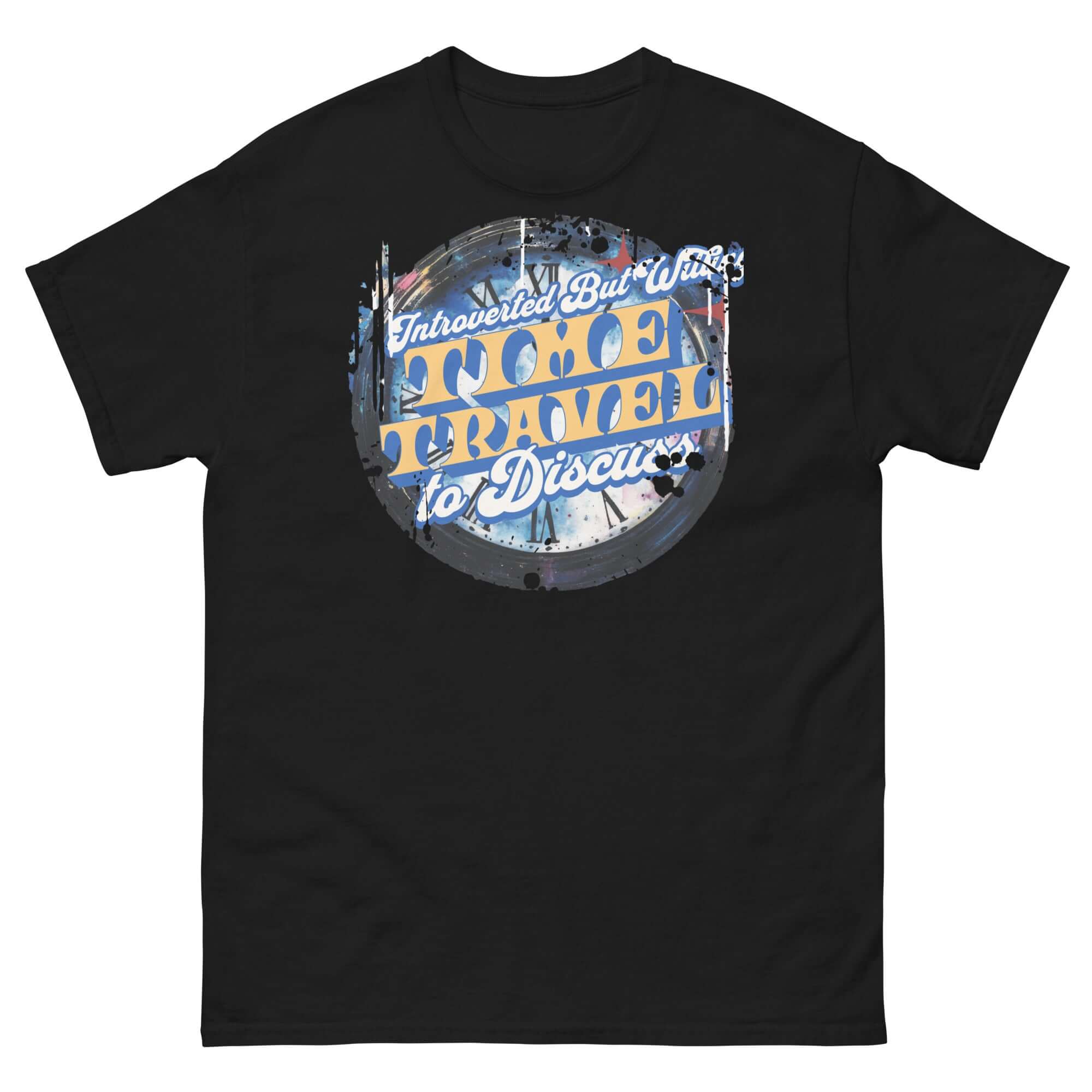 Black Introverted Time Travel T-Shirt with vintage circular design, featuring humorous physics quote about social boundaries.