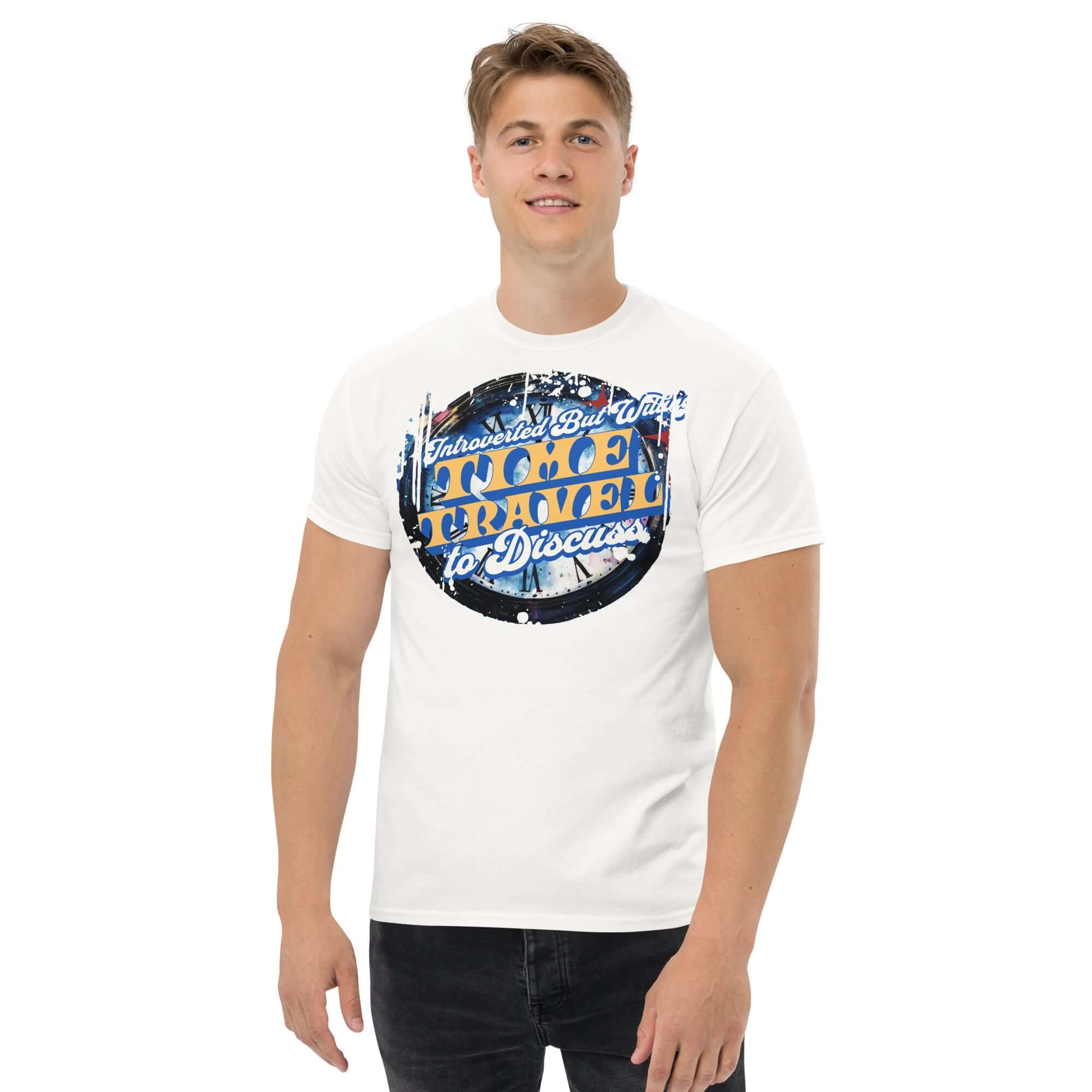 Man wearing Introverted Time Travel T-Shirt with vintage physics humor design.