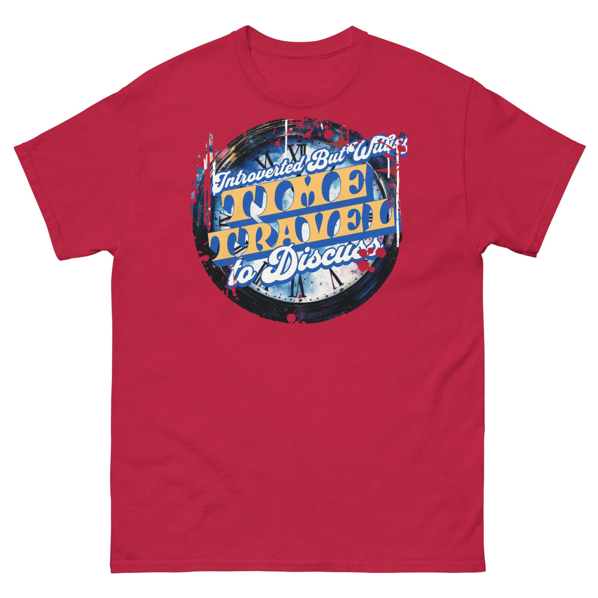 Red t-shirt with vintage time travel design, featuring "Introverted But Willing to Discuss" and clock graphic on front.