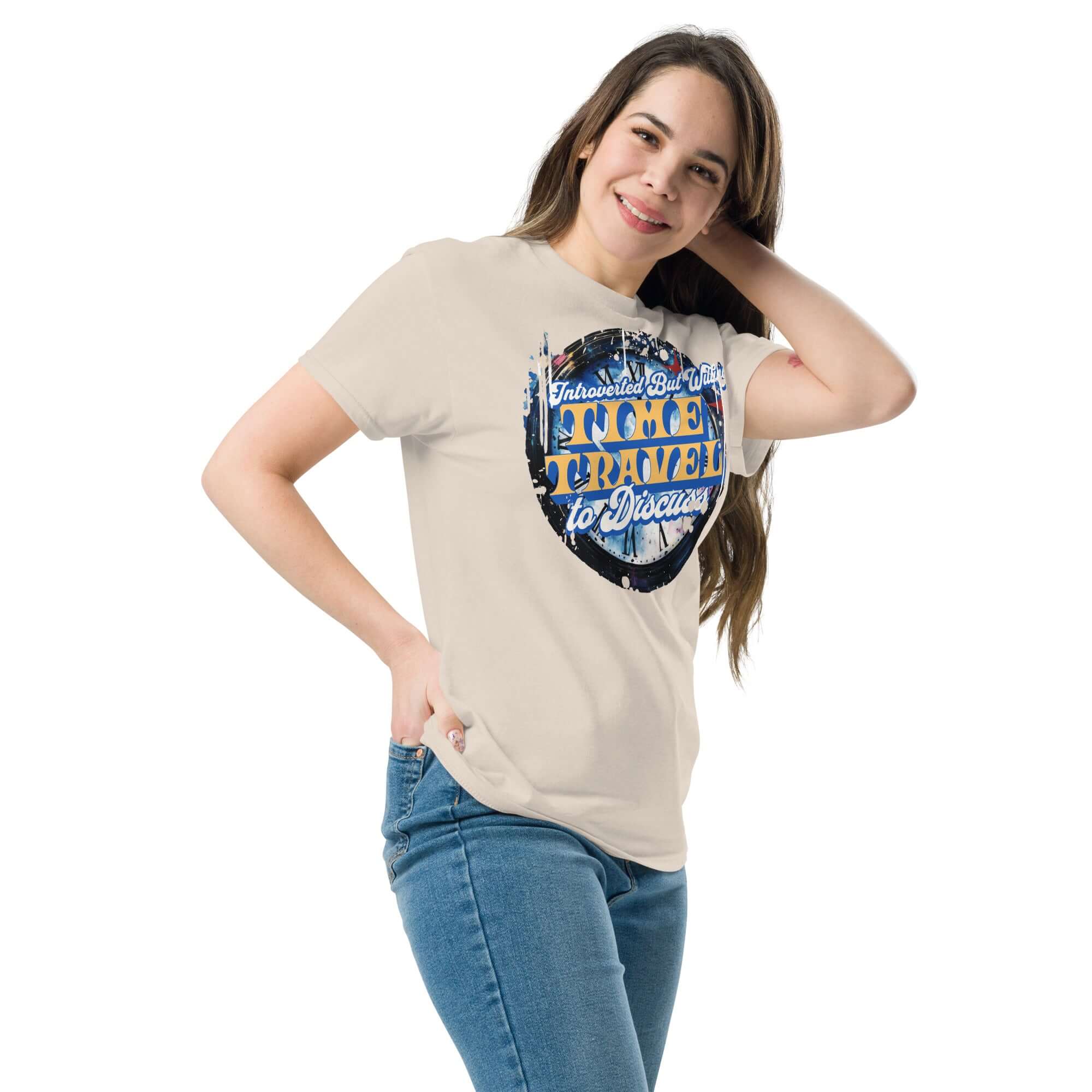 Woman wearing introverted time travel t-shirt with physics humor design in circular vintage style.