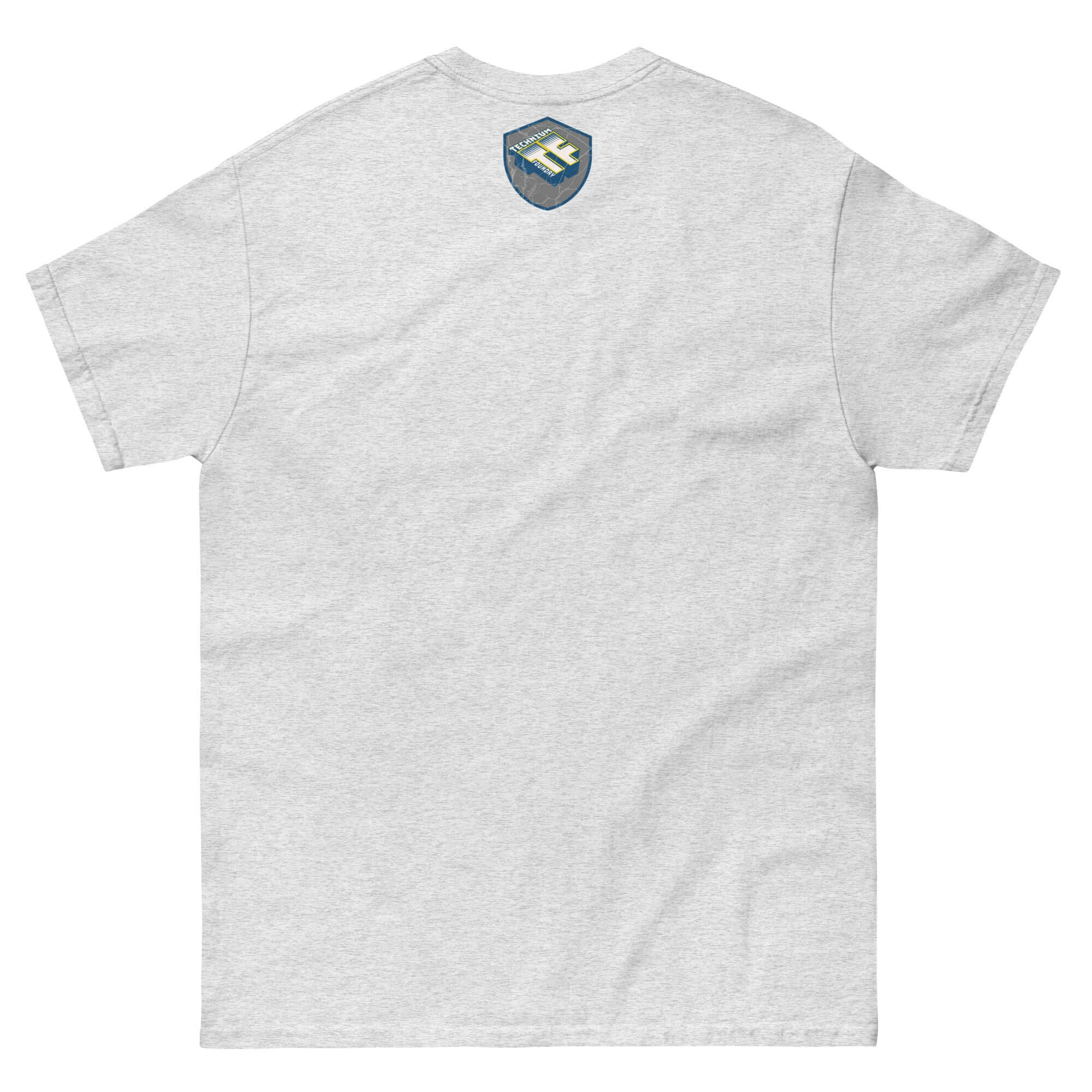 Back view of gray Introverted Time Travel T-Shirt featuring a small logo near the neck.