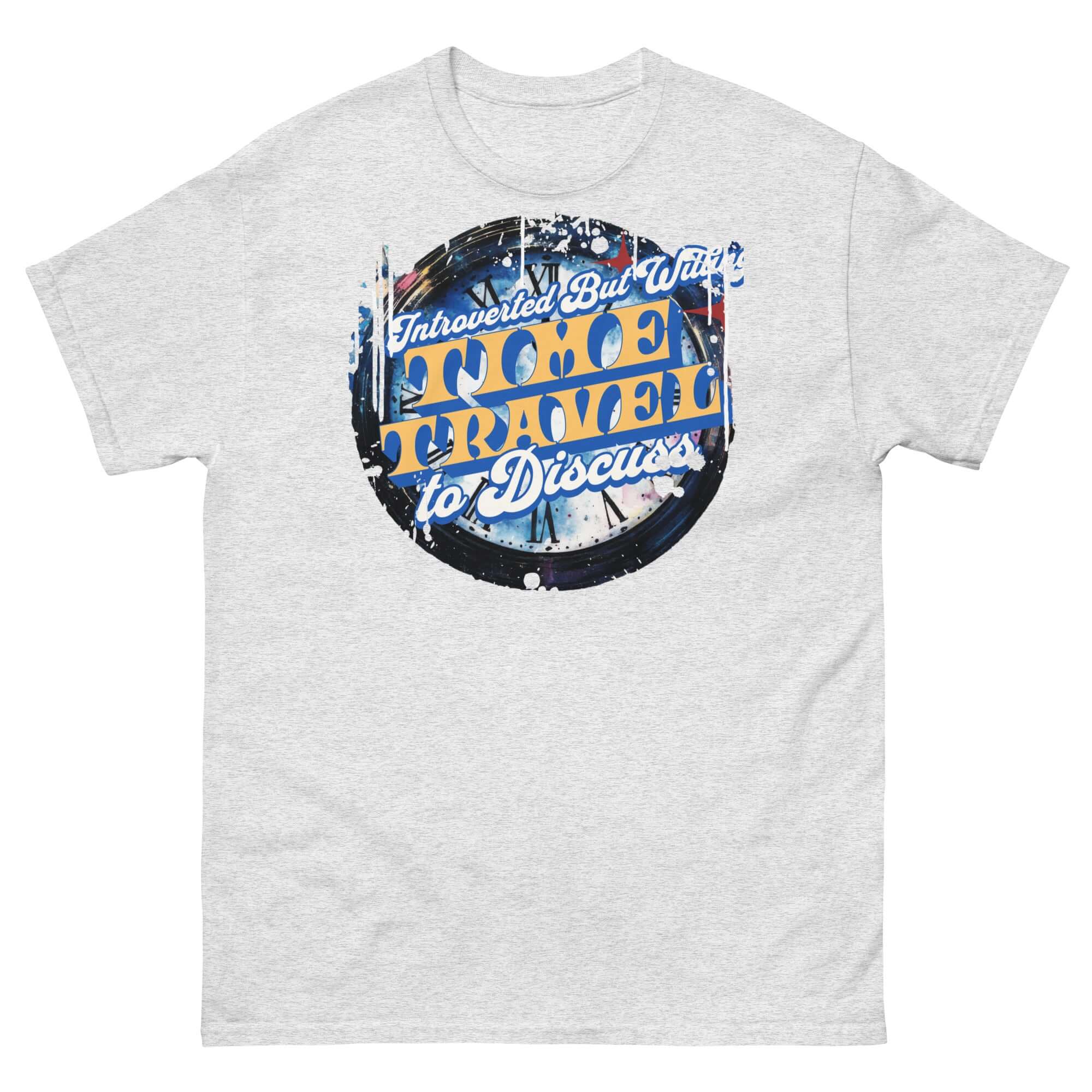 Introverted Time Travel T-Shirt featuring a humorous design with blue and yellow text about time travel and social interaction on a vintage circle.