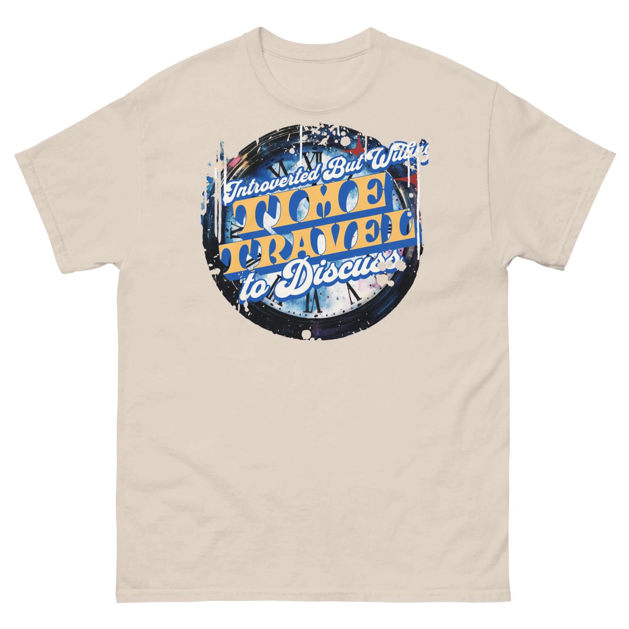 Introverted Time Travel T-Shirt with vintage design; humor tee featuring physics small talk theme in black.