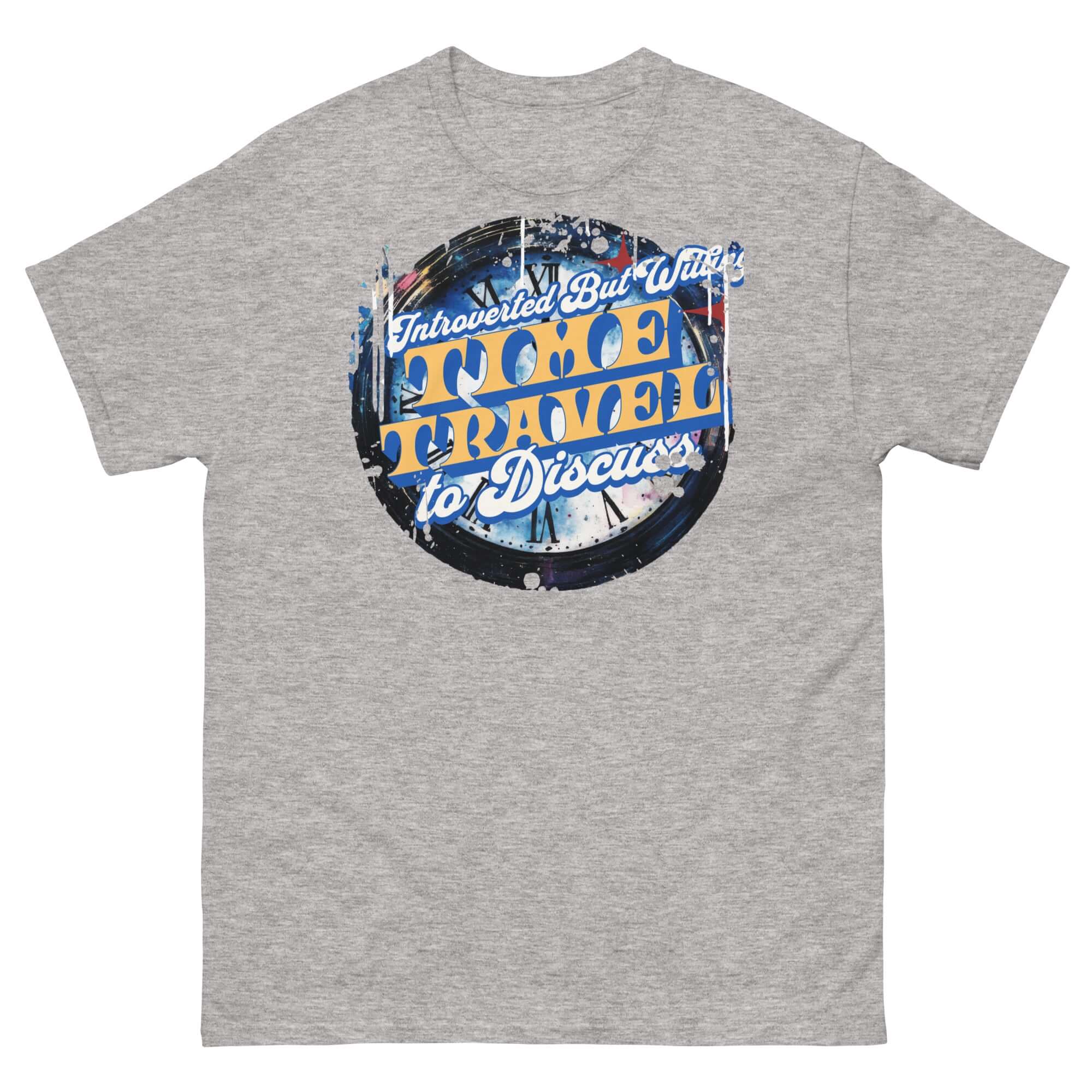 Funny physics t-shirt with a circular design featuring text "Introverted But Willing To Discuss Time Travel" in blue and white.