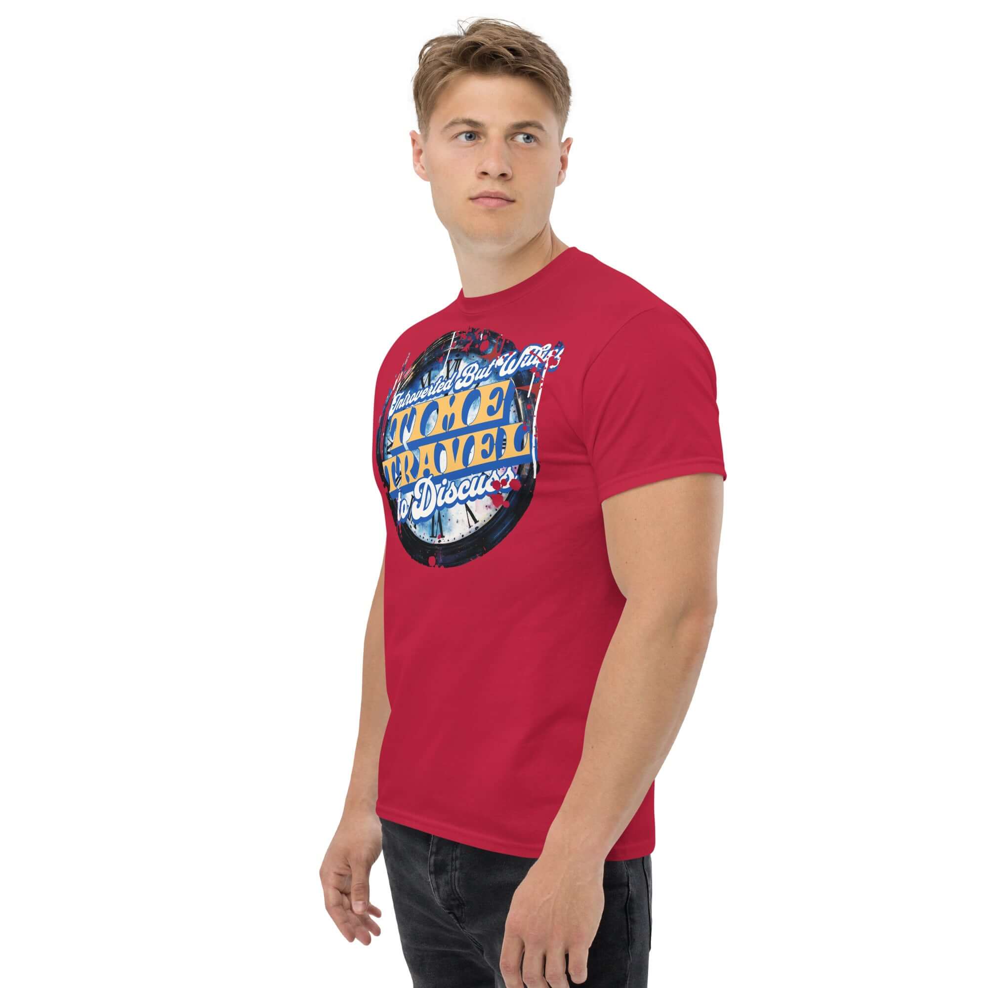Man wearing a red Introverted Time Travel T-Shirt with a circular physics humor design.