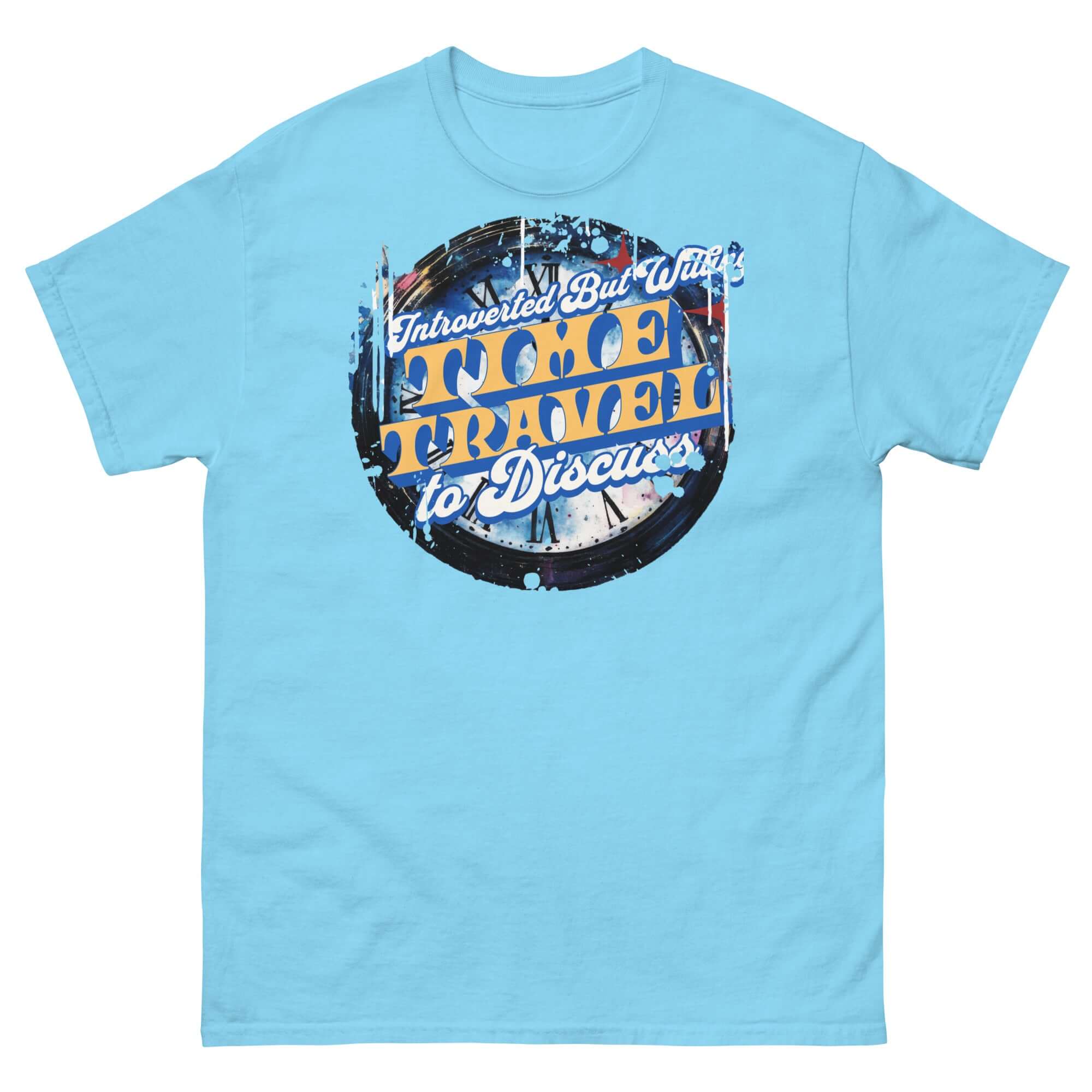Blue t-shirt featuring a vintage-inspired circular design with humorous time travel and physics text.