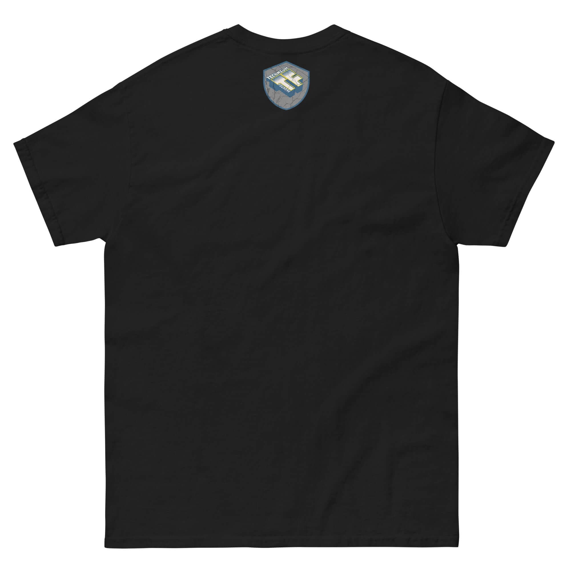 Back view of Introverted Time Travel T-Shirt with small physics-themed badge, black color.