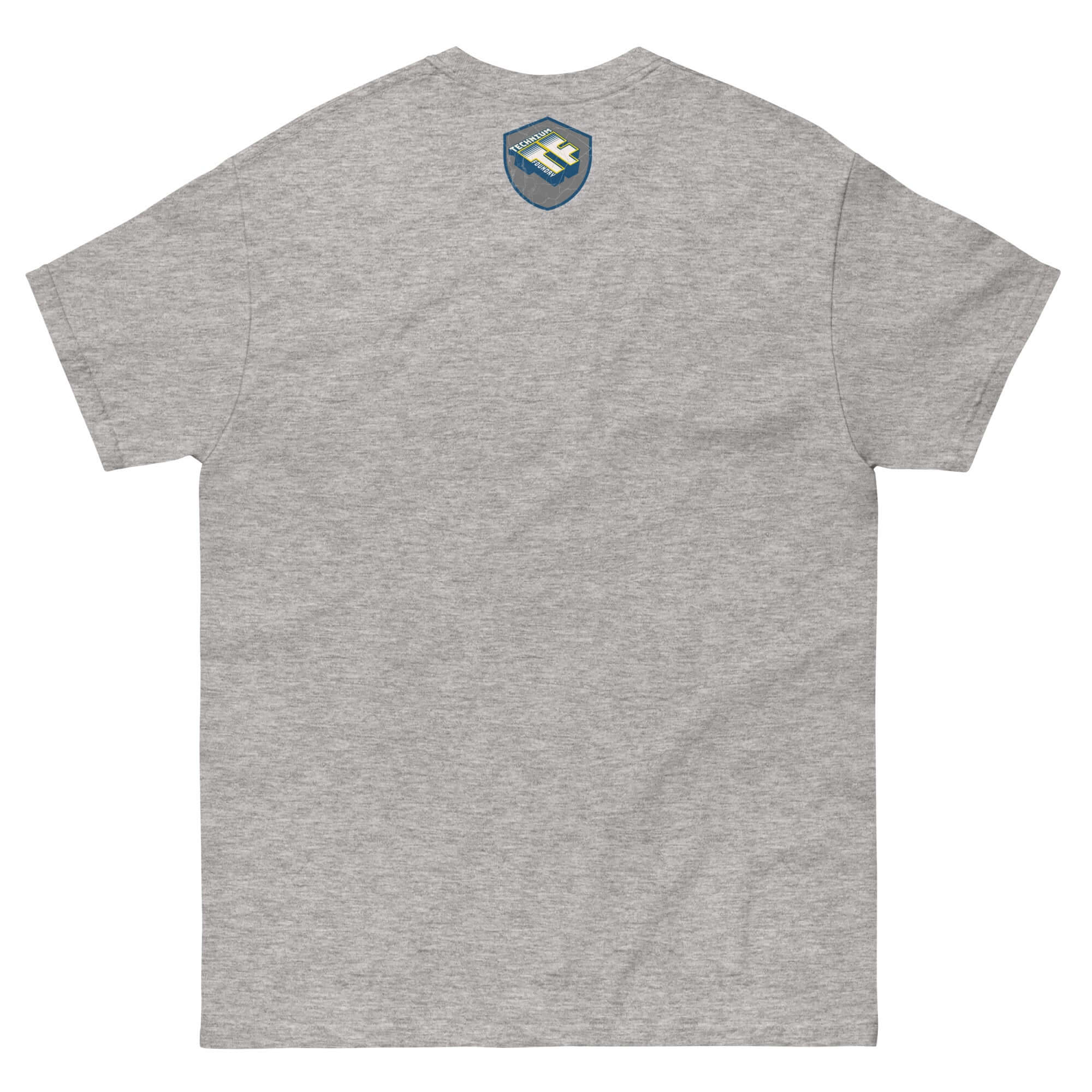 Back view of gray Introverted Time Travel T-Shirt featuring a small blue badge design.