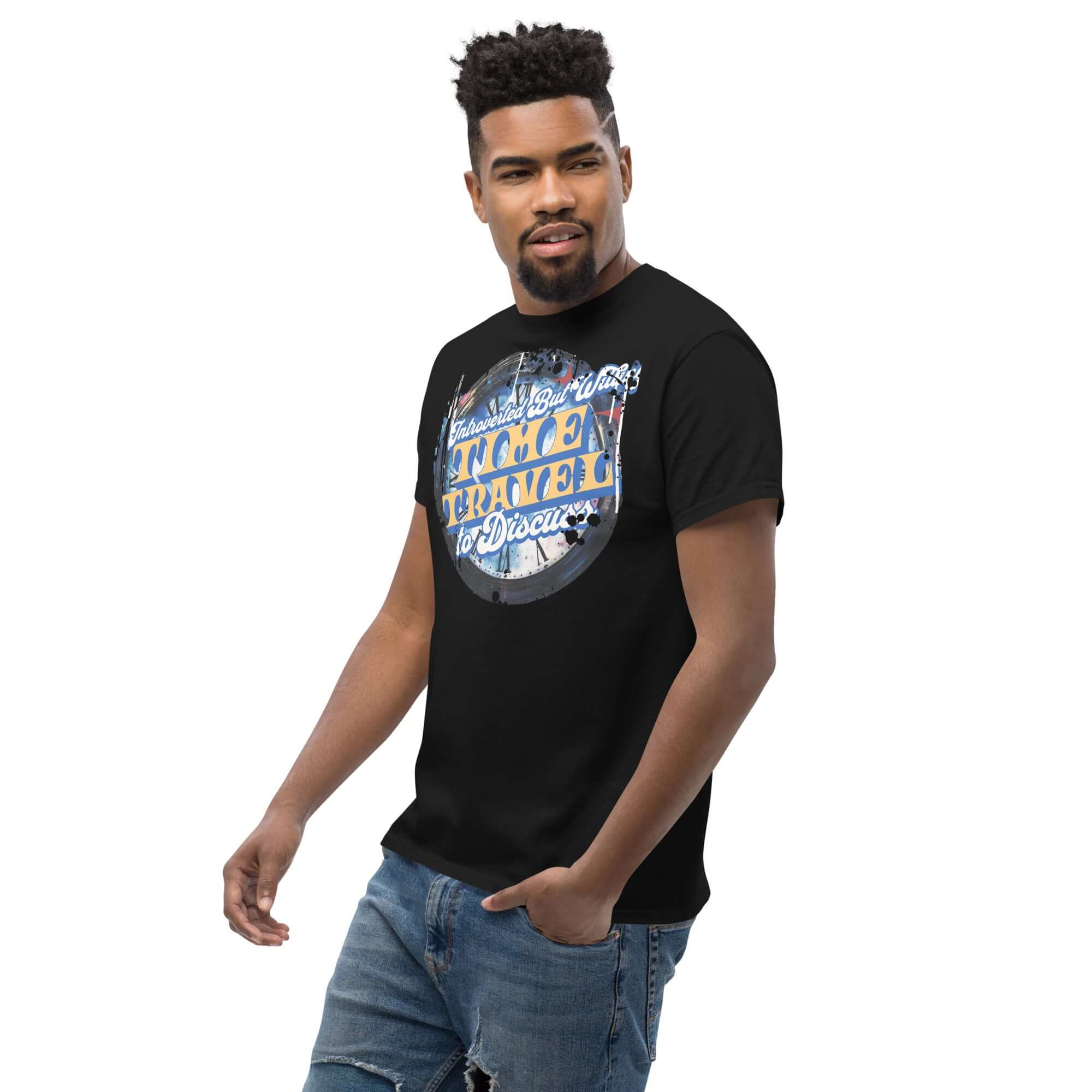 Black Introverted Time Travel T-Shirt with humorous physics quote, worn by a model. Vintage design captures time travel humor.