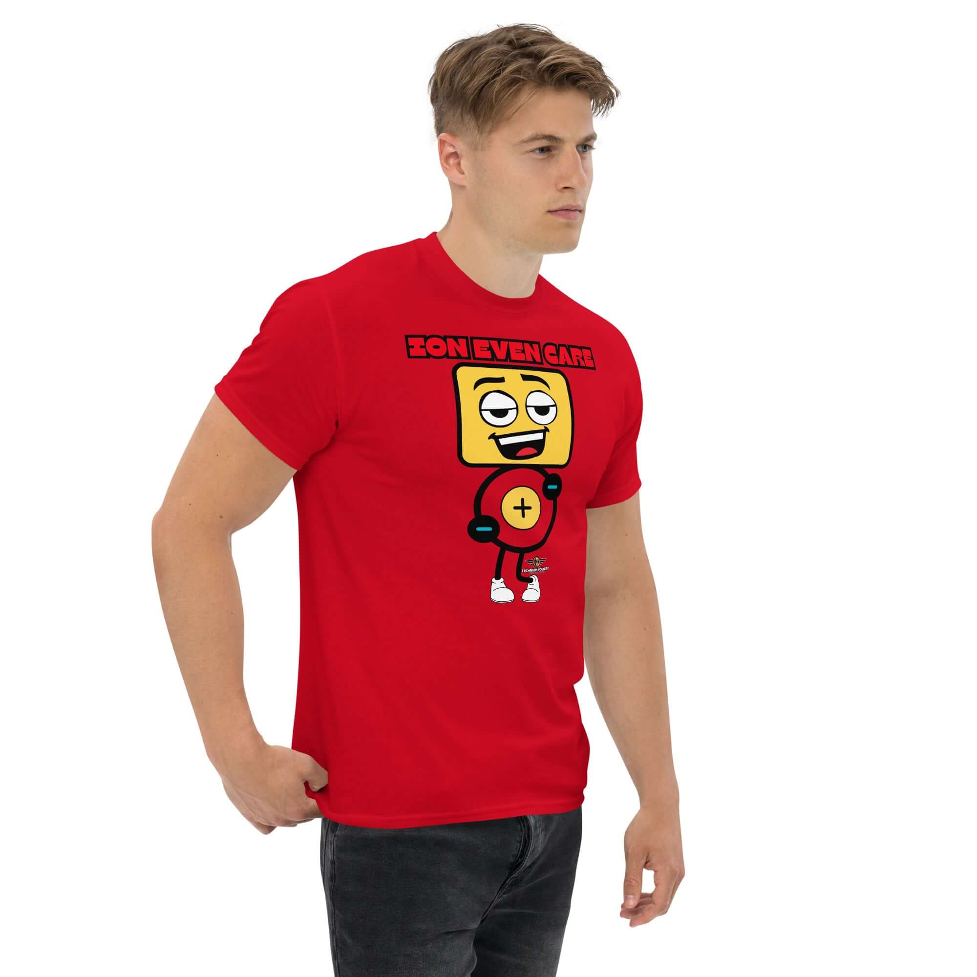 Man wearing red 'Ion Even Care' t-shirt with apathetic atomic character design, exuding a sassy and humorous chemistry vibe.