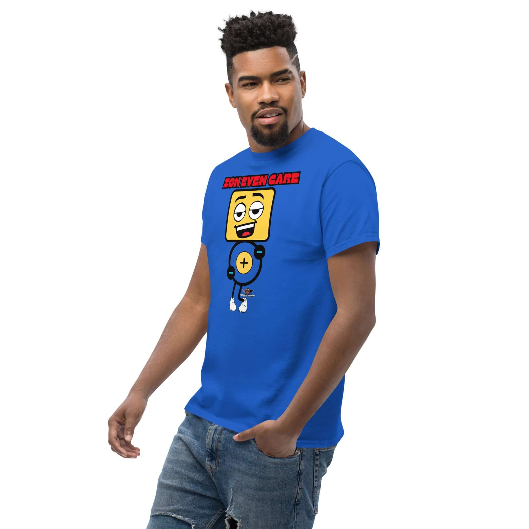 Man wearing 'Ion Even Care' t-shirt featuring an unbothered atomic character with a positive charge.