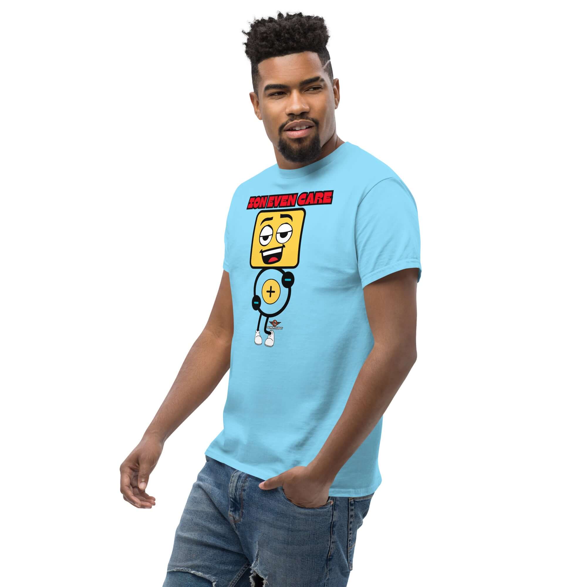 Man wearing a blue Ion Even Care T-shirt with atomic character design, featuring playful chemistry humor for casual style.
