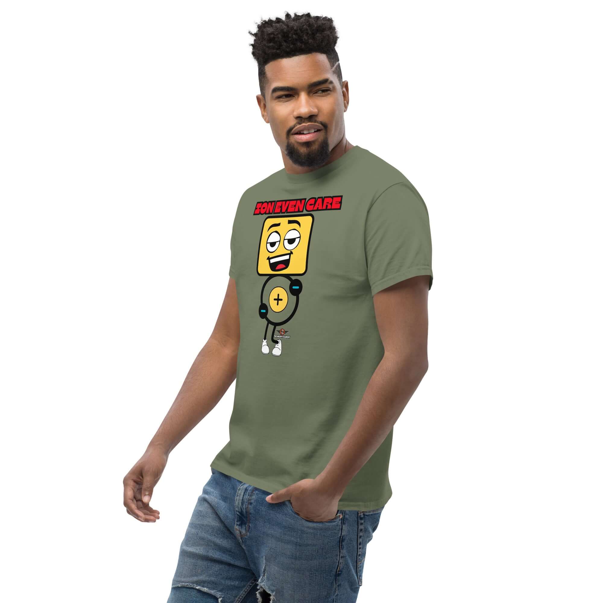 Ion Even Care T-Shirt featuring a carefree atomic character with a positive charge and witty attitude, perfect for chemistry enthusiasts.