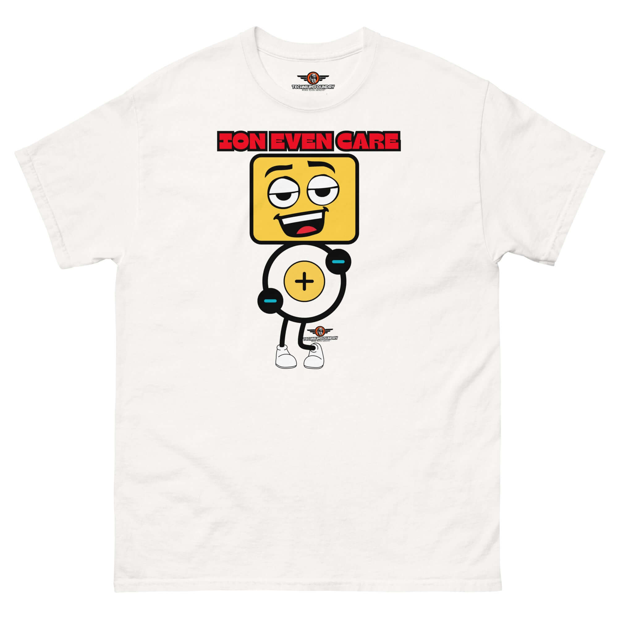 Ion Even Care T-Shirt featuring a relaxed atomic character, blending chemistry and attitude for a quirky fashion statement.