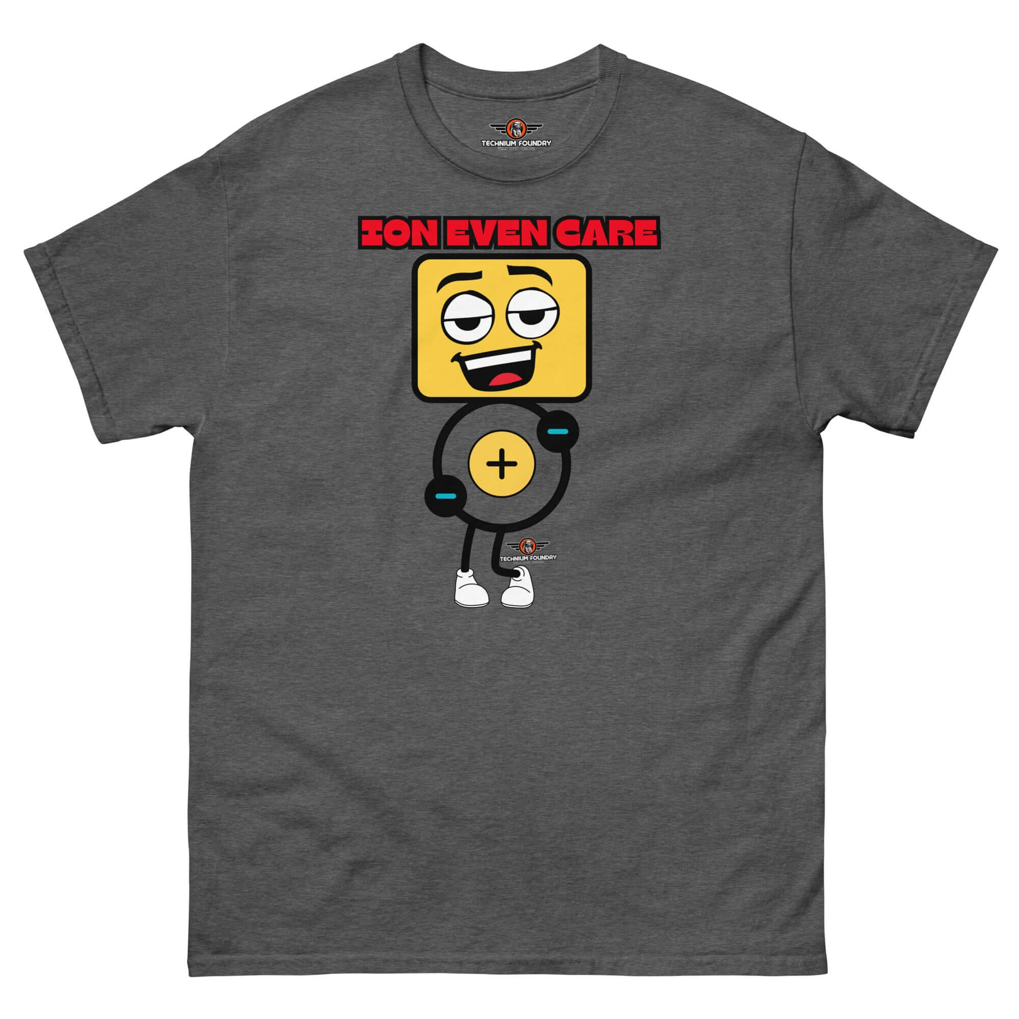 Ion Even Care T-shirt featuring a sassy atomic character with a positive charge and cheeky attitude on a dark gray fabric.