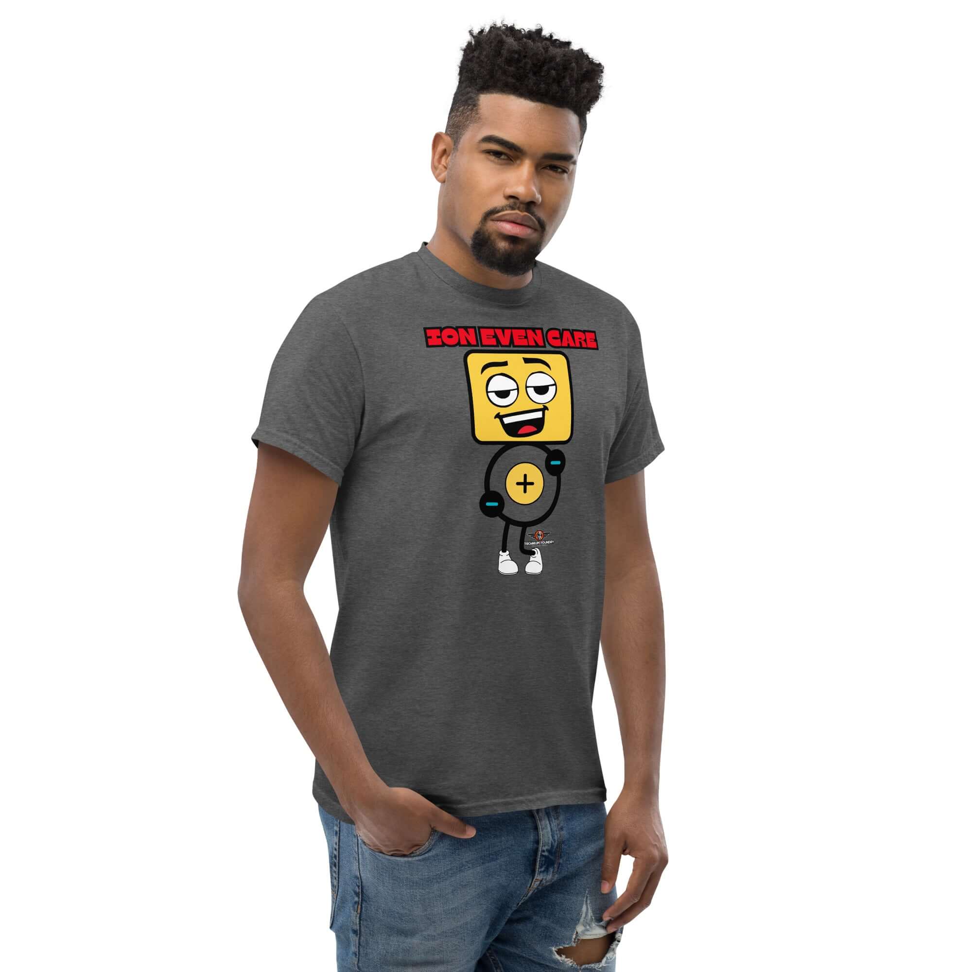 Man wearing Ion Even Care T-shirt with unbothered atomic character design, chemistry humor fashion with sassy atomic attitude.