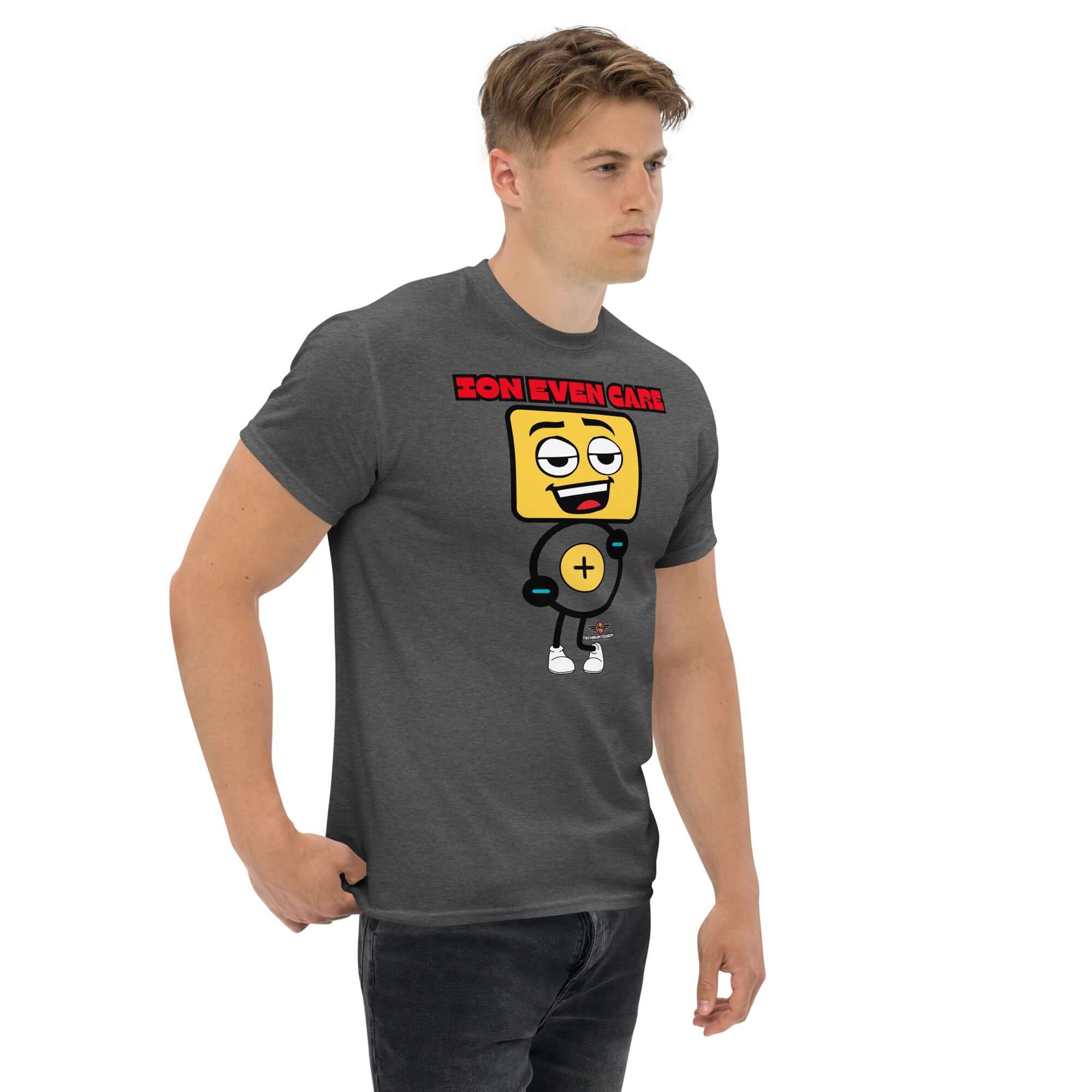 Man wearing Ion Even Care T-shirt with cartoon ion and catchy chemistry slogan, perfect for science enthusiasts and casual wear.