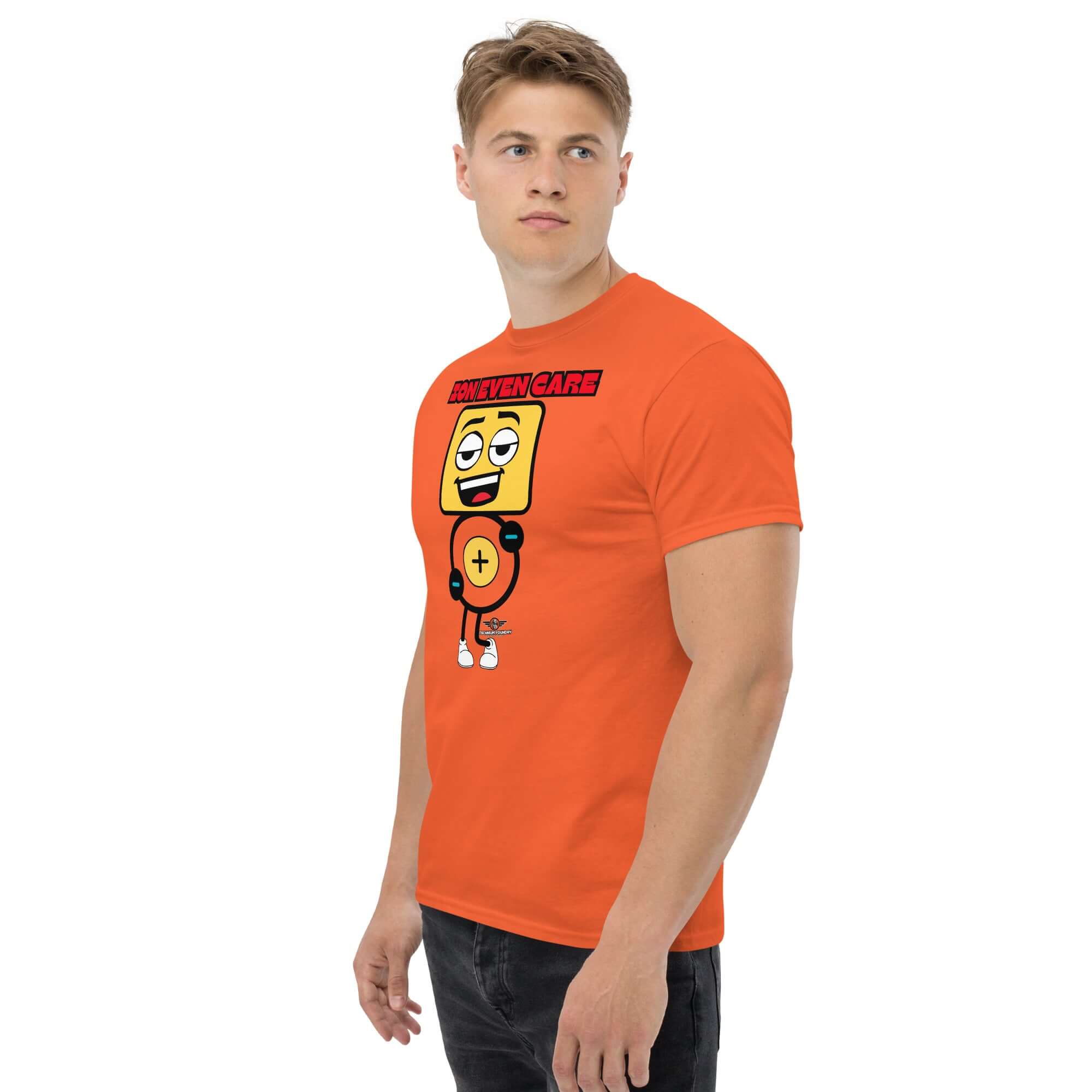 Man wearing an orange 'Ion Even Care' T-shirt featuring an apathetic atomic character with sarcastic appeal, ideal for chemistry fans.