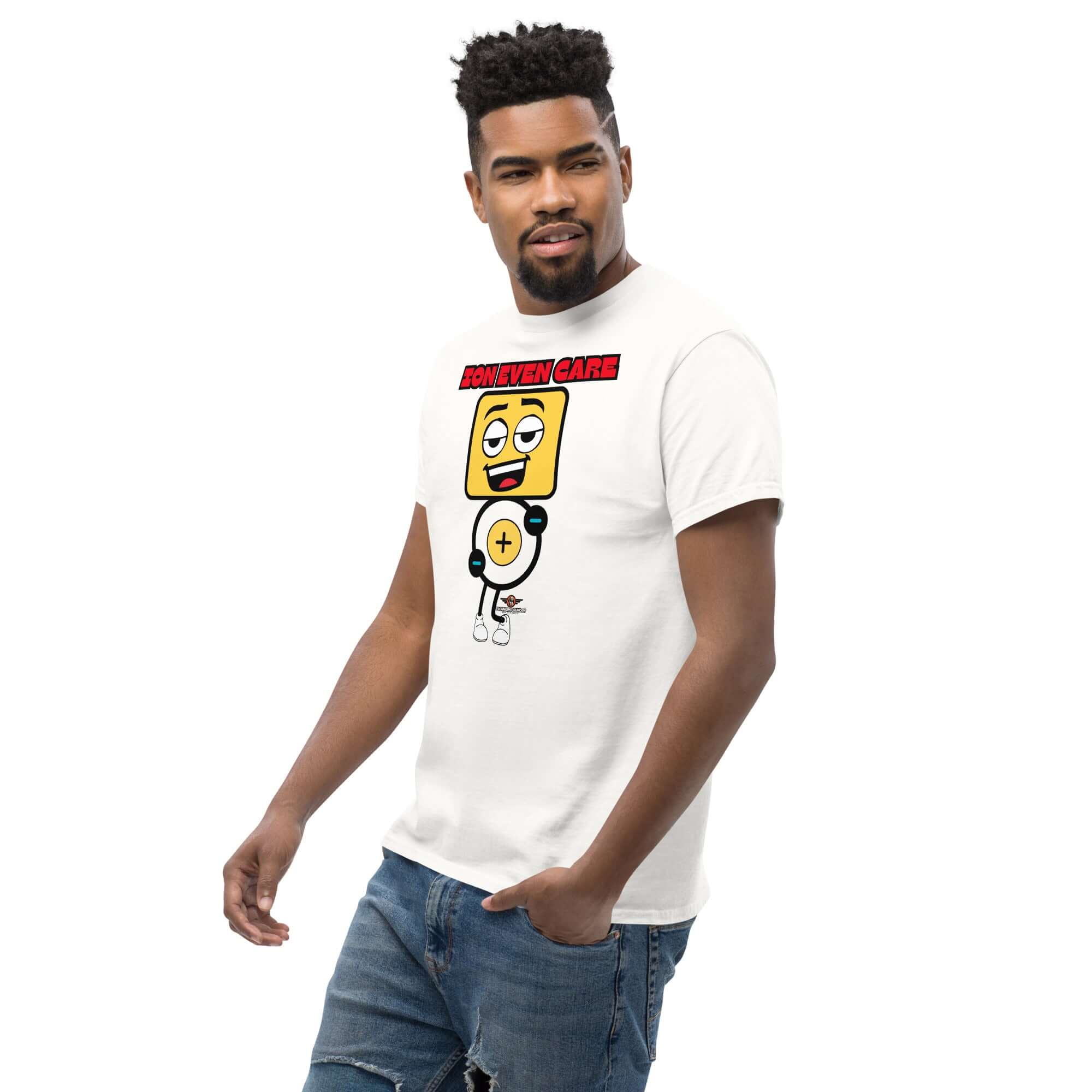 Man wearing 'Ion Even Care' t-shirt featuring a nonchalant atomic design, perfect for those with a love for chemistry and humor.