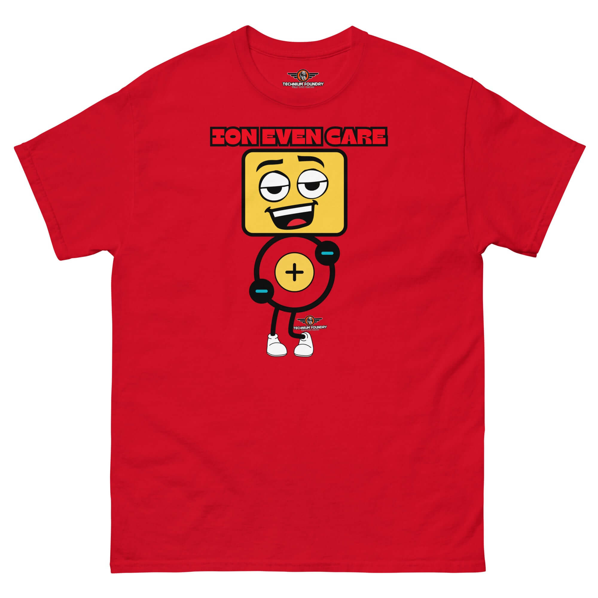 Red t-shirt featuring laid-back atomic character with "Ion Even Care" slogan for chemistry enthusiasts.
