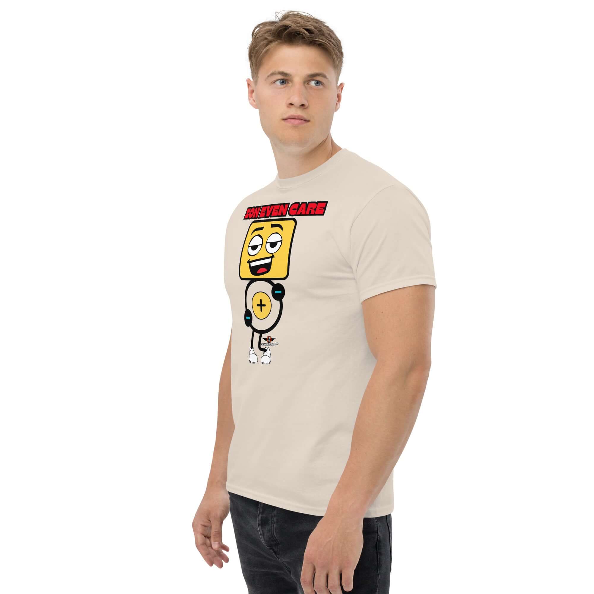 Ion Even Care T-Shirt featuring an unbothered atomic character with a witty expression and vibrant design, perfect for chemistry enthusiasts.