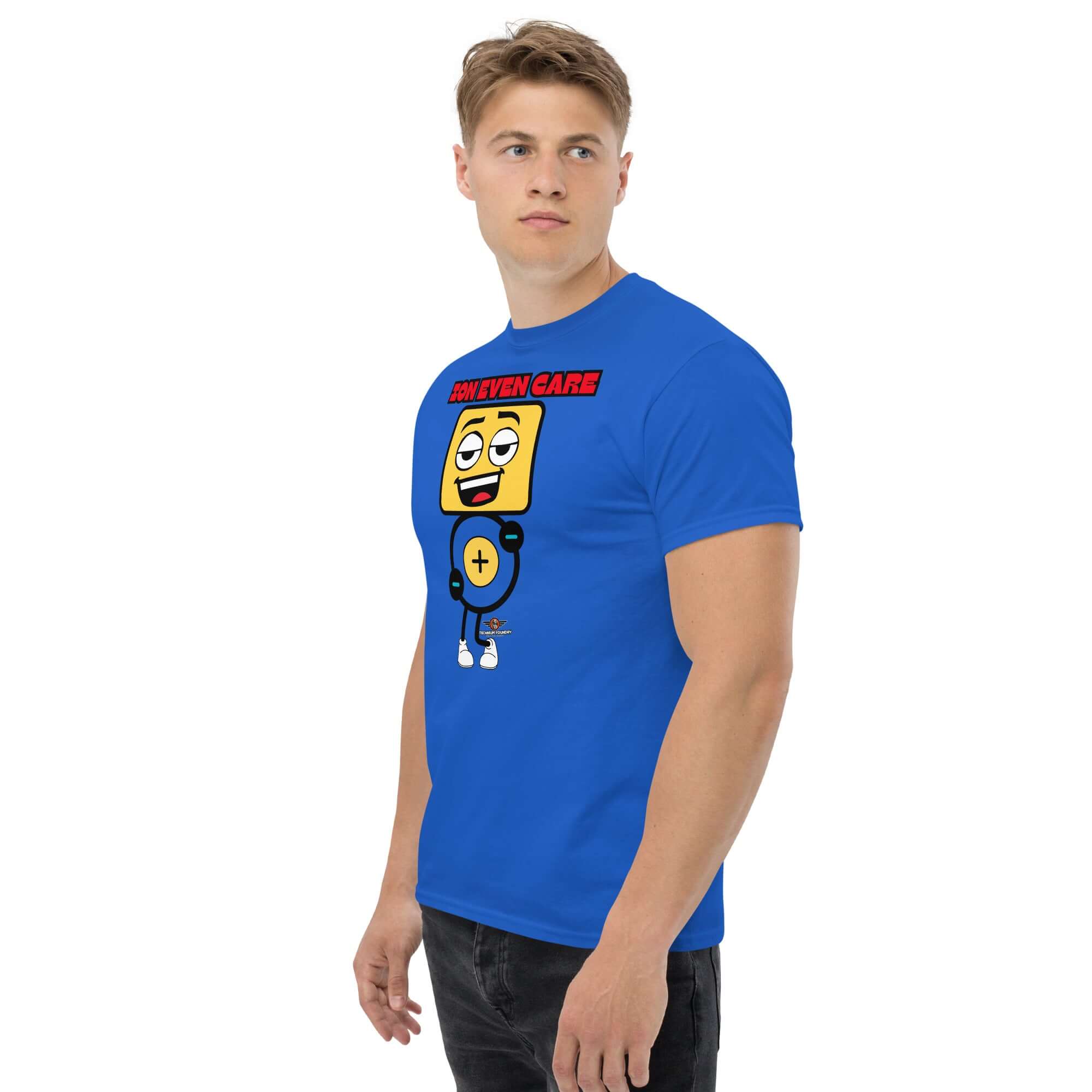 Man wearing blue "Ion Even Care" t-shirt with an apathetic ion character design, offering atomic attitude and sass.