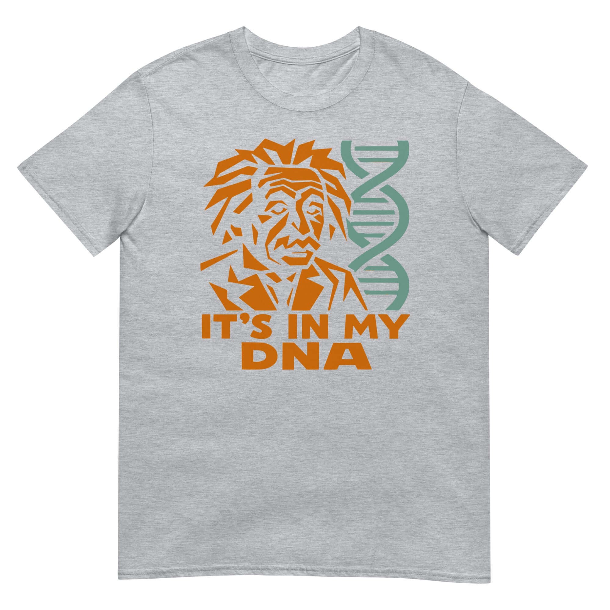 Gray t-shirt with geometric orange Einstein and green DNA helix, featuring 'It's In My DNA' text for science humor fashion.