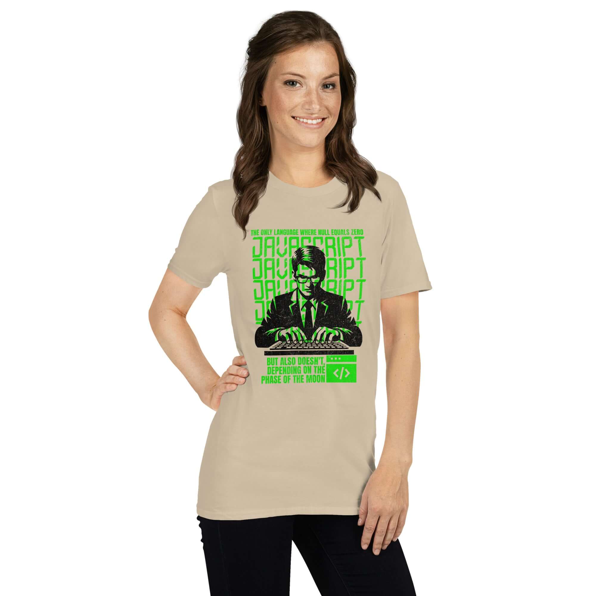 JavaScript Moon Phase T-Shirt with neon-green design on charcoal, showcasing coding theme and equality quirks. Wearable tech humor.