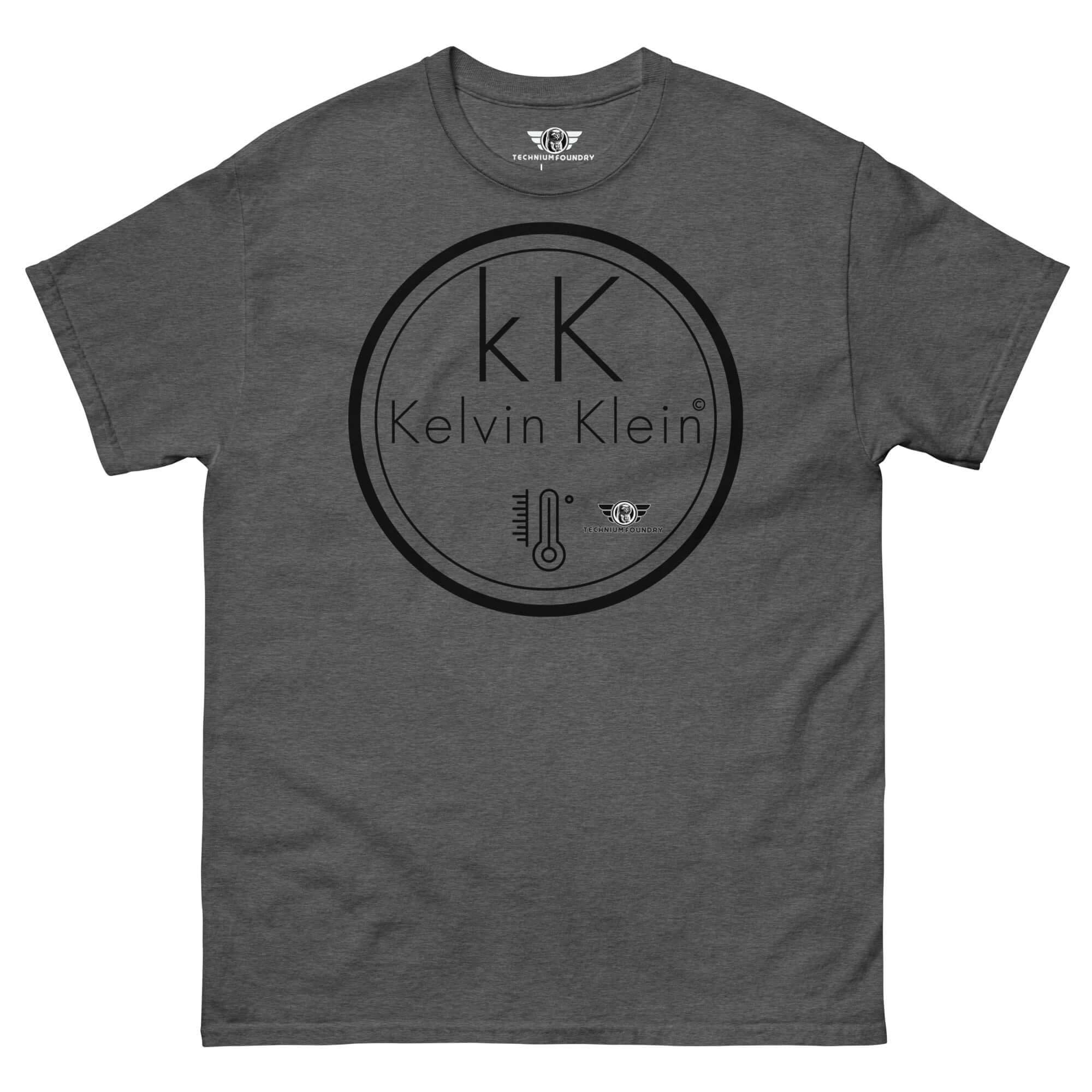 Kelvin Klein Temperature Scale Fashion Parody T-Shirt with thermometer icon, blending scientific humor and minimalist fashion style.