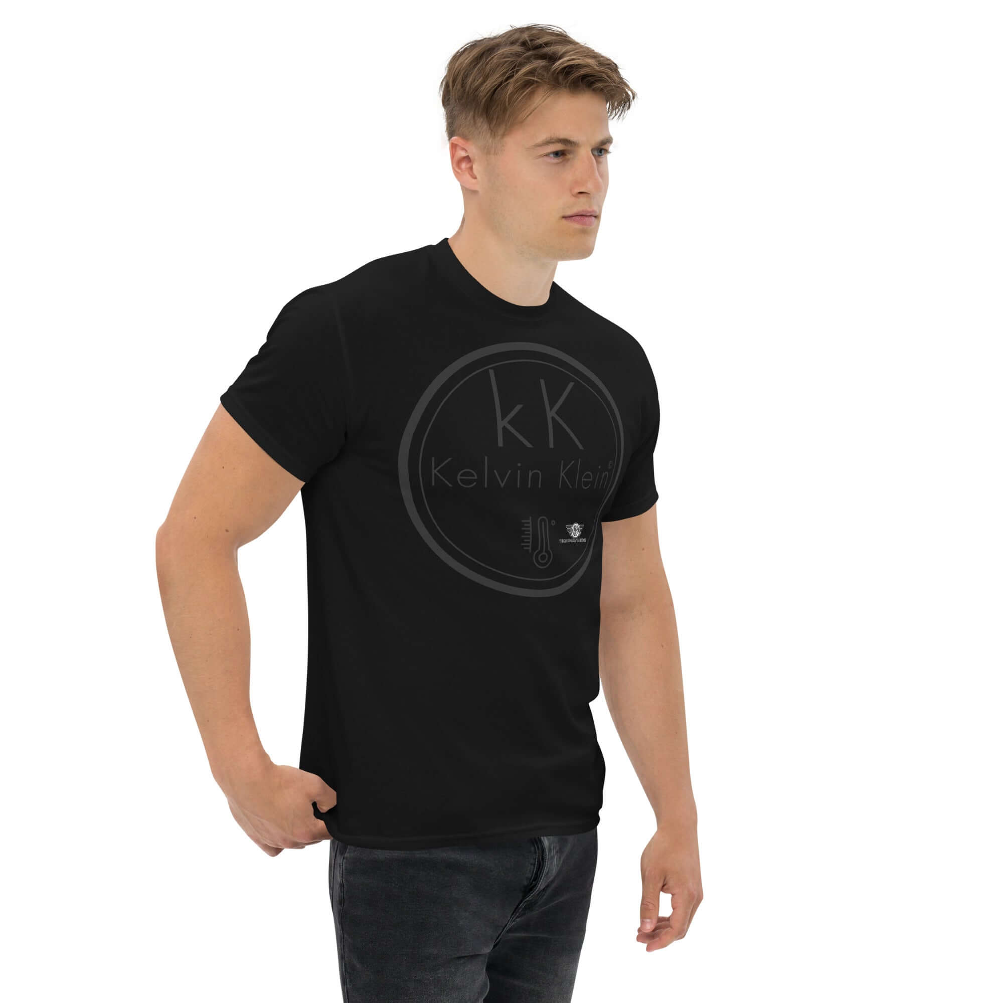 Man wearing Kelvin Klein Temperature Scale fashion parody t-shirt featuring thermodynamic design, scientific humor apparel.