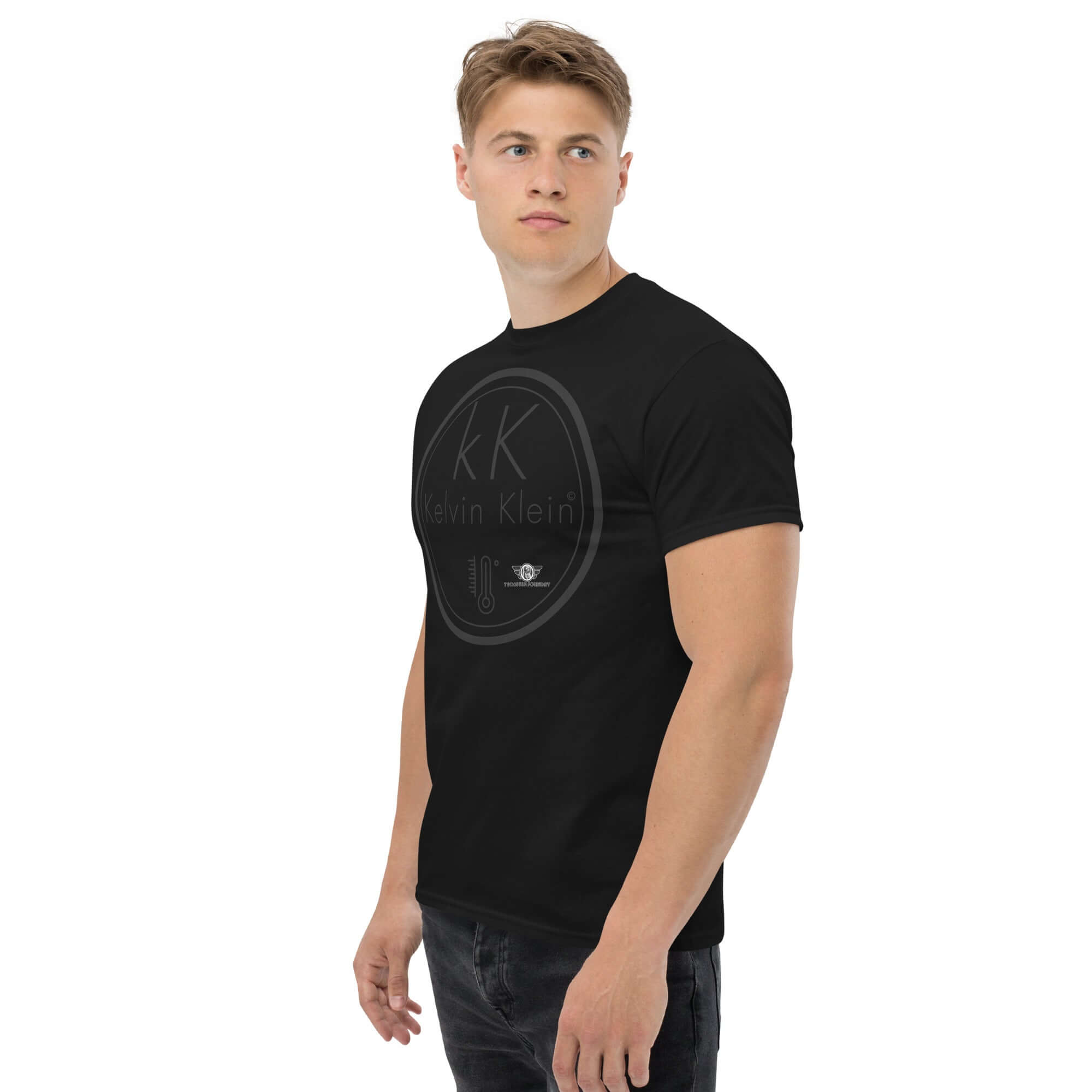 Man wearing Kelvin Klein Temperature Scale Parody T-Shirt showcasing scientific humor and fashion blend.