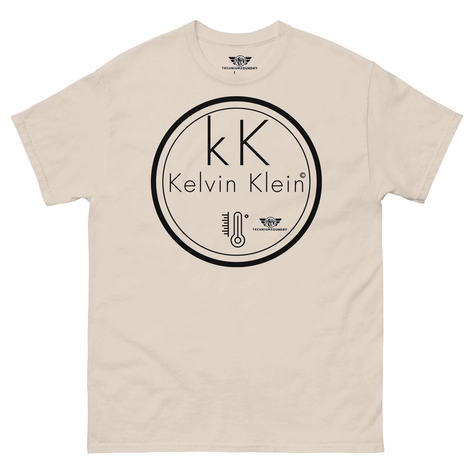 Kelvin Klein Temperature Scale Parody T-Shirt with thermometer icon, offering a blend of scientific humor and fashion.
