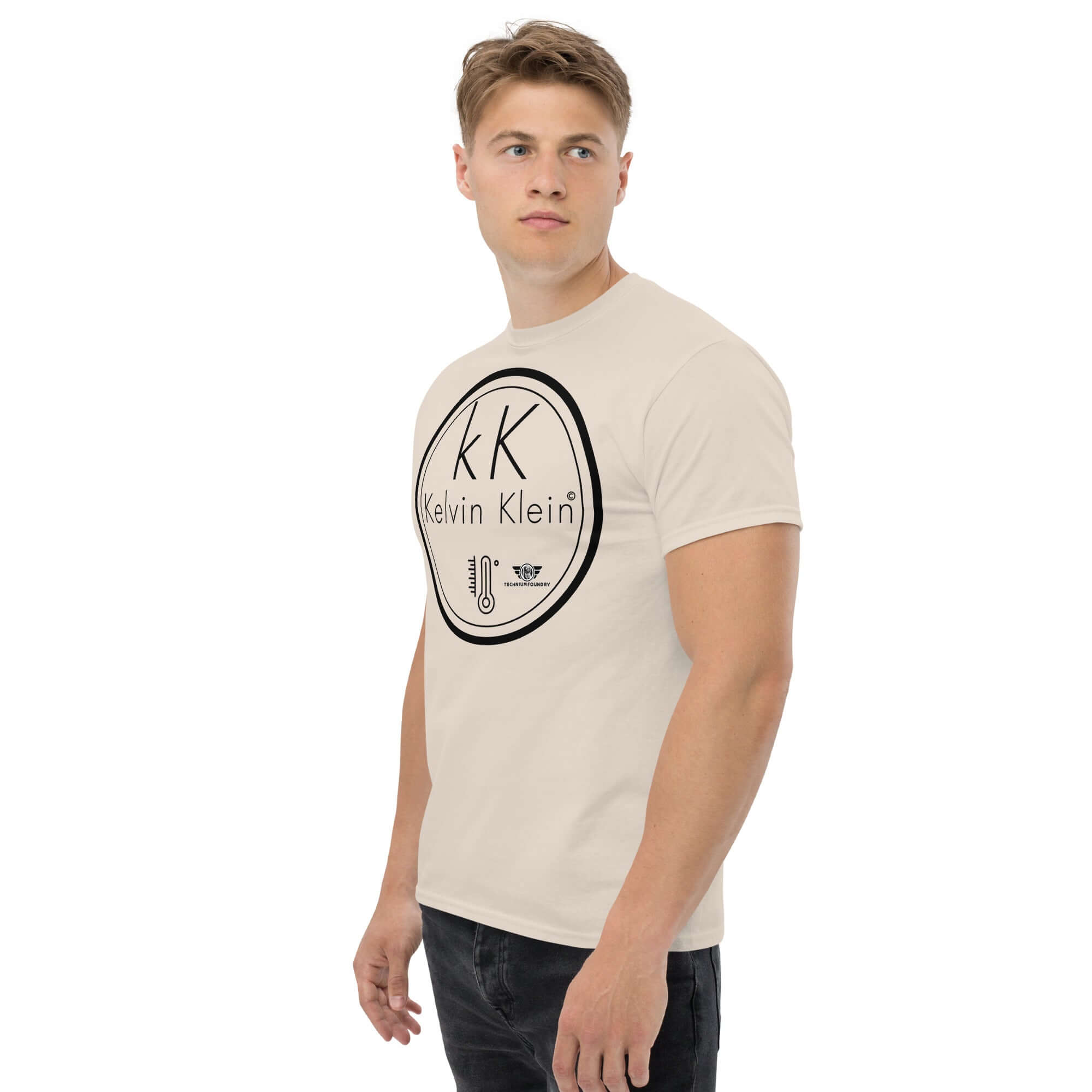 Model wearing Kelvin Klein Temperature Scale Parody T-Shirt, featuring a thermometer icon and scientific humor design.