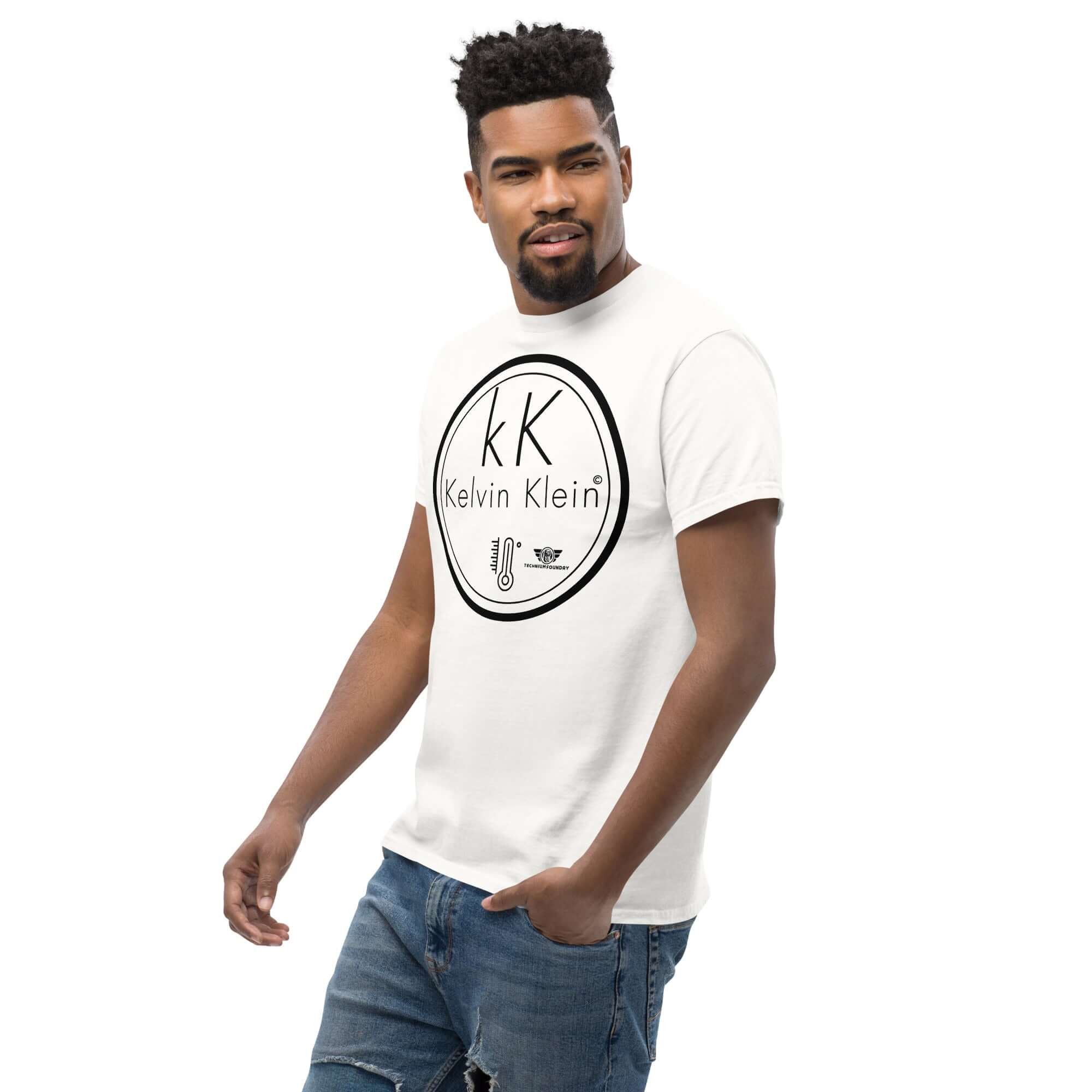 Man wearing Kelvin Klein Temperature Scale Parody T-Shirt featuring a thermometer icon, combining scientific humor with fashion.
