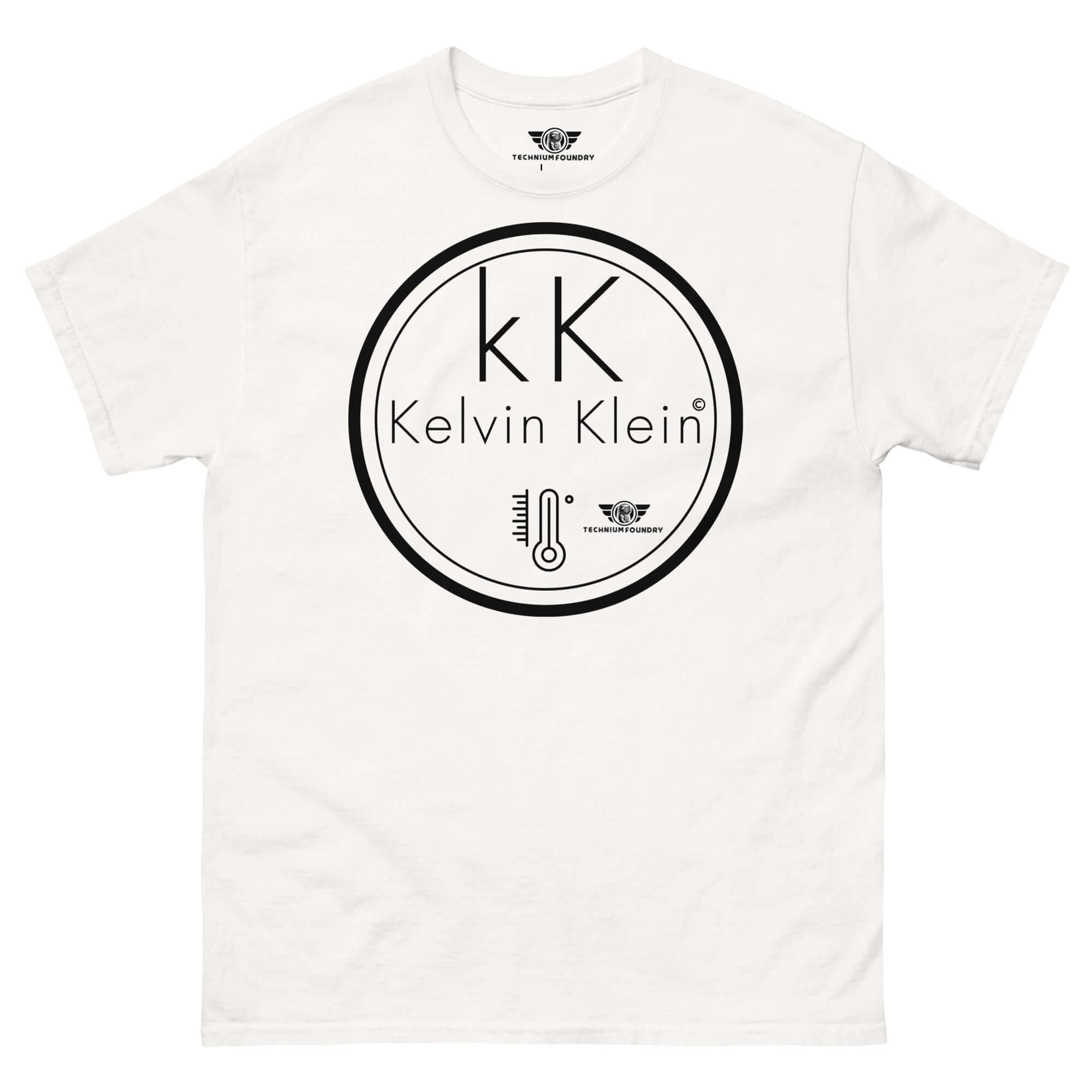 Kelvin Klein Temperature Scale Parody T-Shirt with scientific humor design and minimalist thermometer icon.