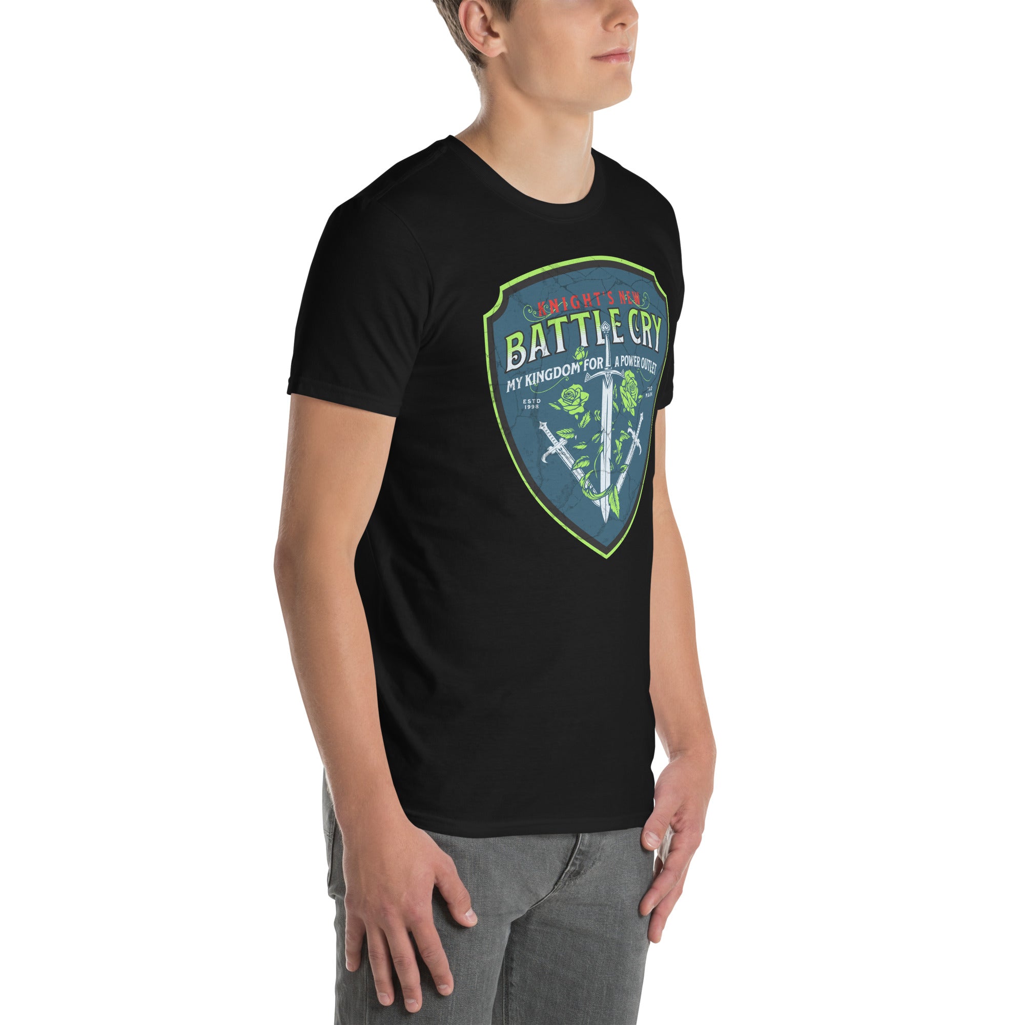 Person wearing Knight's New Battle Cry T-Shirt featuring medieval tech humor with swords and roses design on a black fabric.