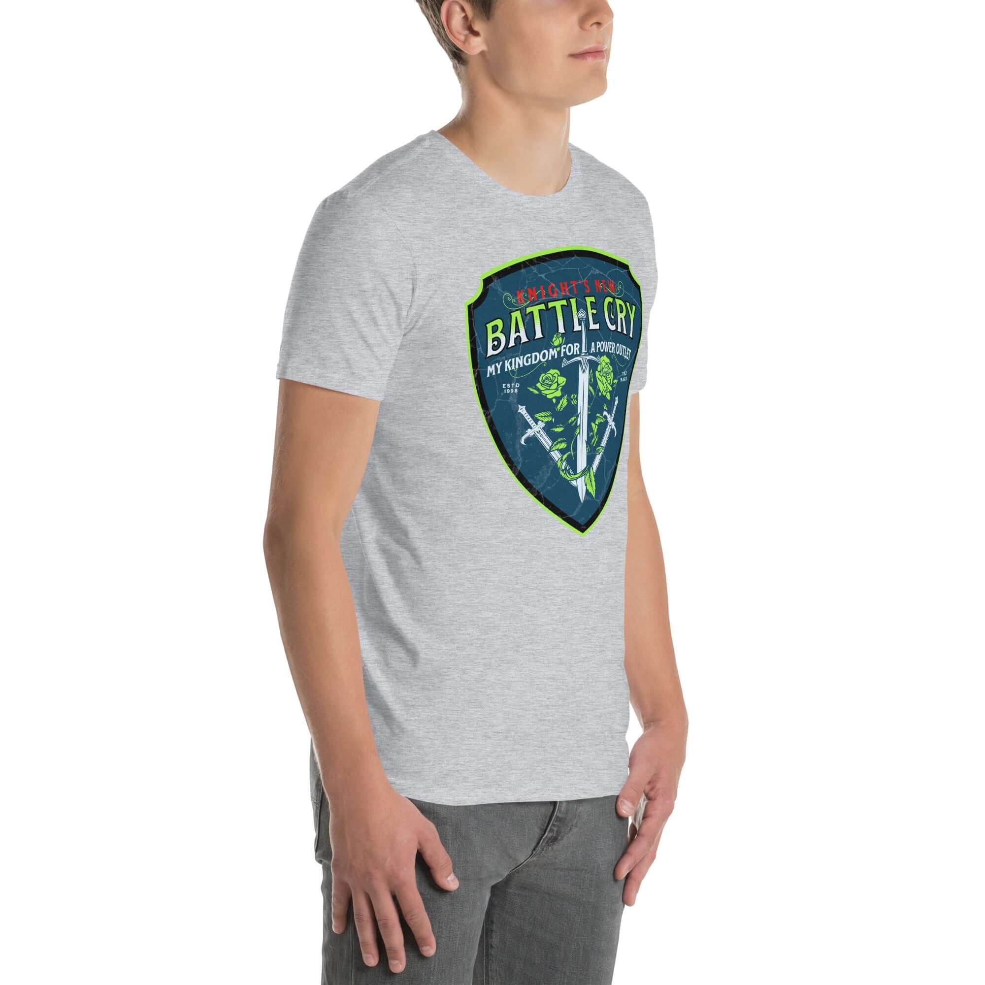 Man wearing Knight's New Battle Cry T-Shirt featuring medieval-tech humor shield design with swords, roses, and USB-C.