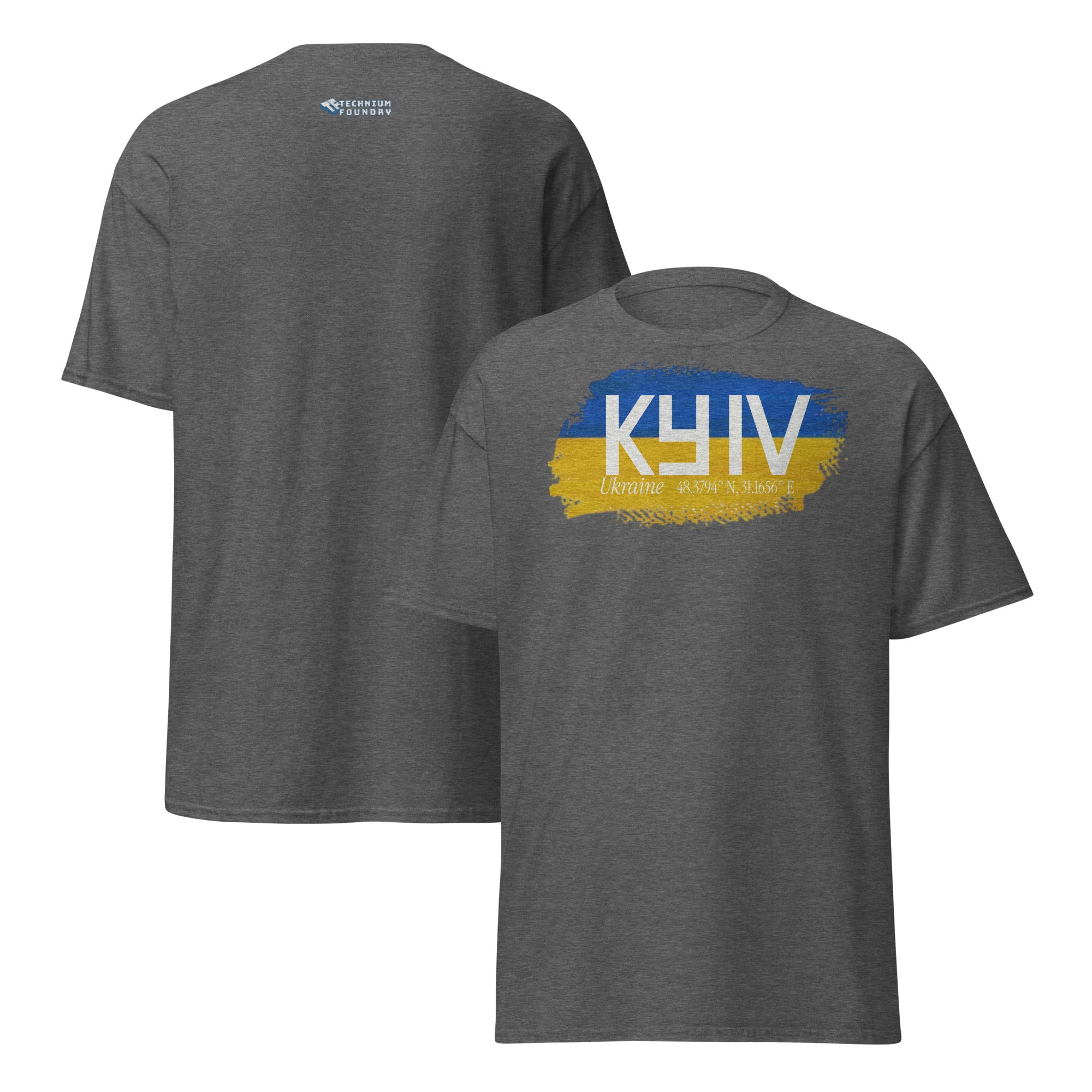 Kyiv City Pride T-Shirt featuring Ukraine flag design in blue and yellow paintbrush strokes, showcasing national pride.