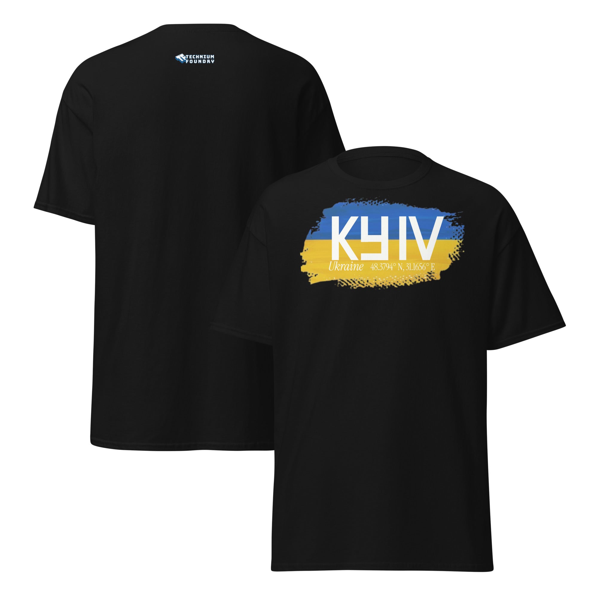 Black Kyiv City Pride T-shirt with blue and yellow Ukrainian flag paintbrush design, symbolizing national pride.