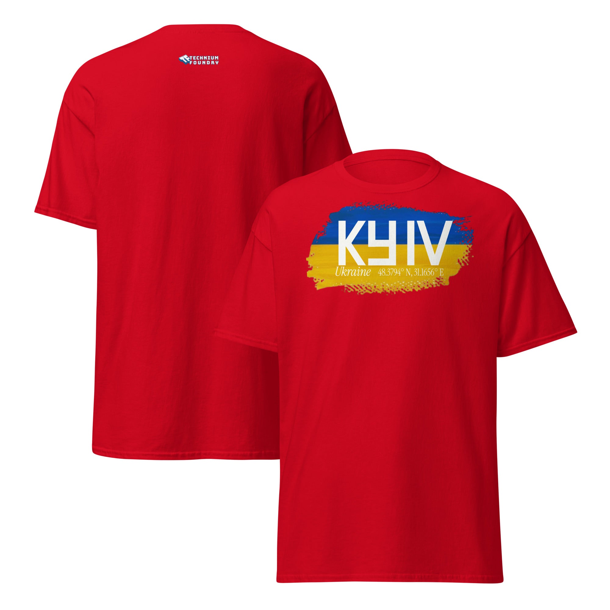 Red Kyiv City Pride T-Shirt featuring blue and yellow Ukrainian flag paintbrush design