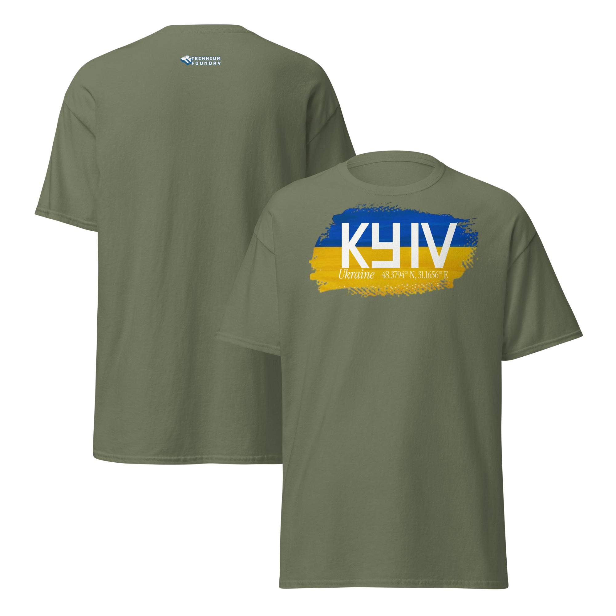 Kyiv City Pride T-Shirt featuring Ukraine's flag colors, artistic flair, and national pride design on olive green fabric.
