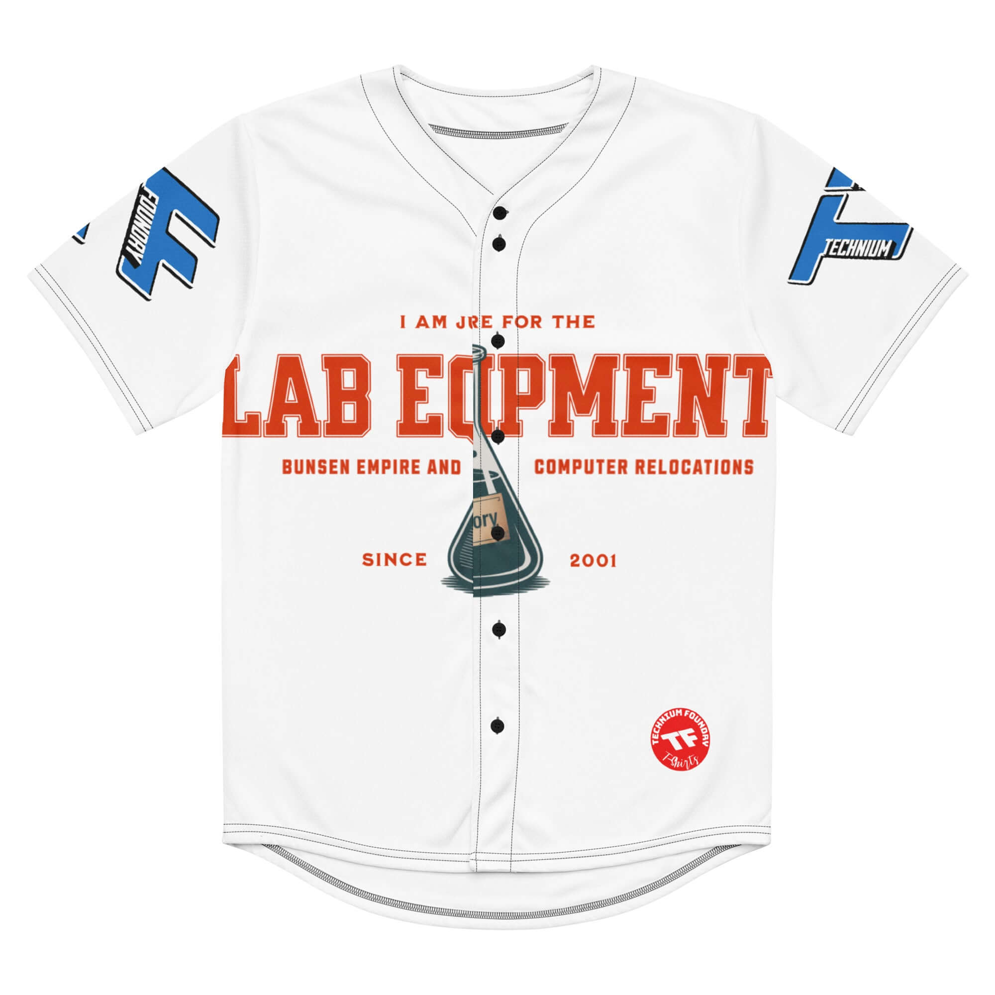 White lab equipment baseball jersey with team spirit design featuring scientific and chemistry graphics, perfect for lab teams.