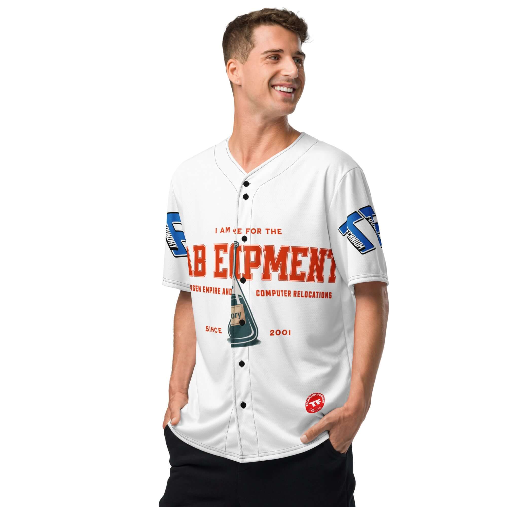 Man wearing a lab equipment baseball jersey showcasing laboratory team spirit and science fashion style.