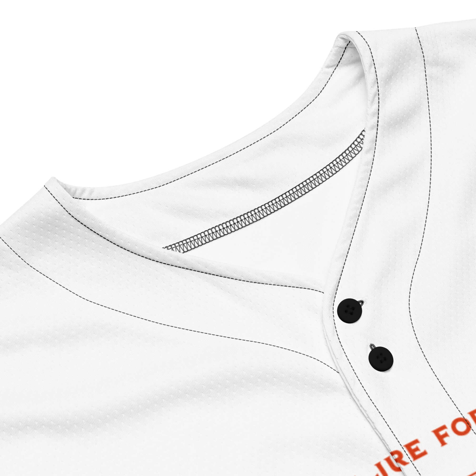Close-up of lab equipment baseball jersey collar and buttons, showcasing science team spirit apparel.