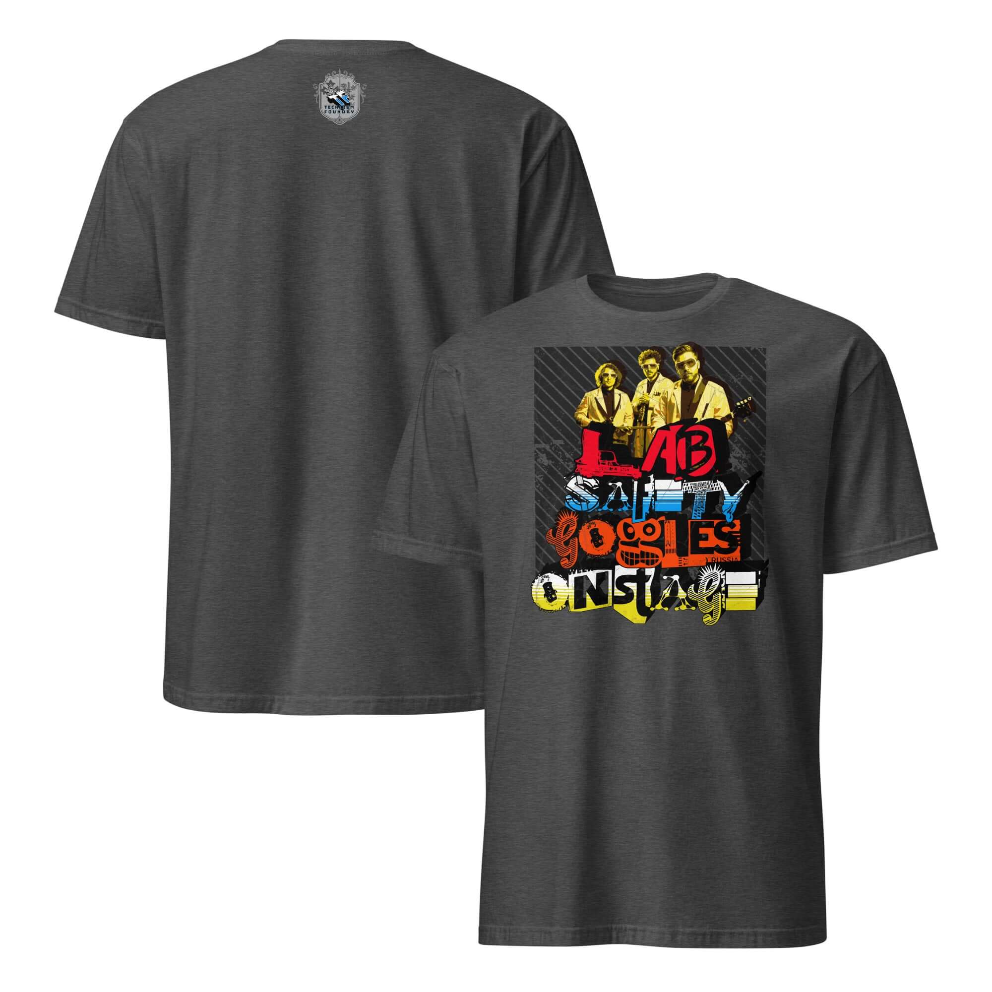 Lab Safety Goggles Onstage T-Shirt featuring vintage band design celebrating science and music with a unique rock style.