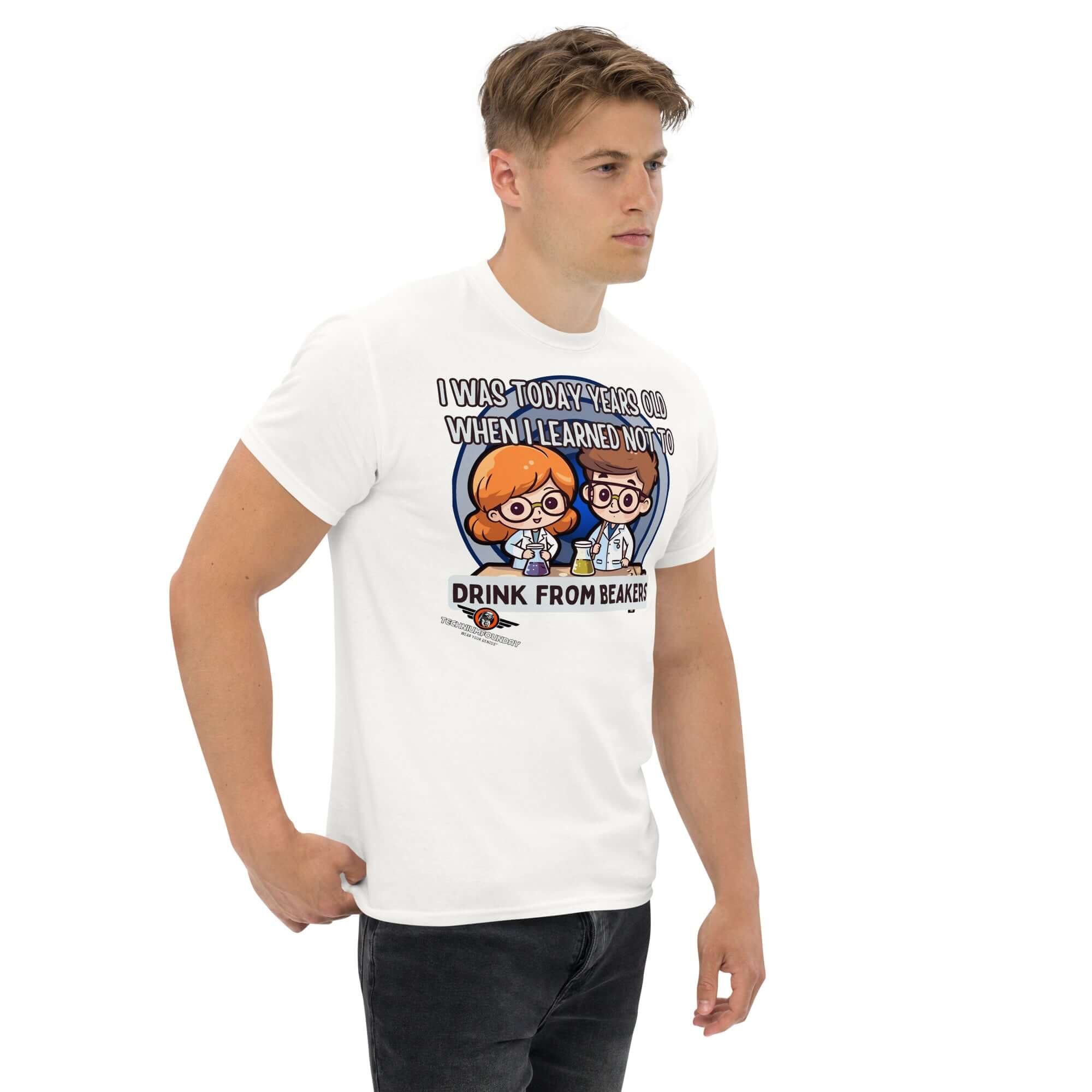 White t-shirt with kawaii scientists and 'Don't Drink from Beakers' message, perfect chemistry humor for lab safety enthusiasts.