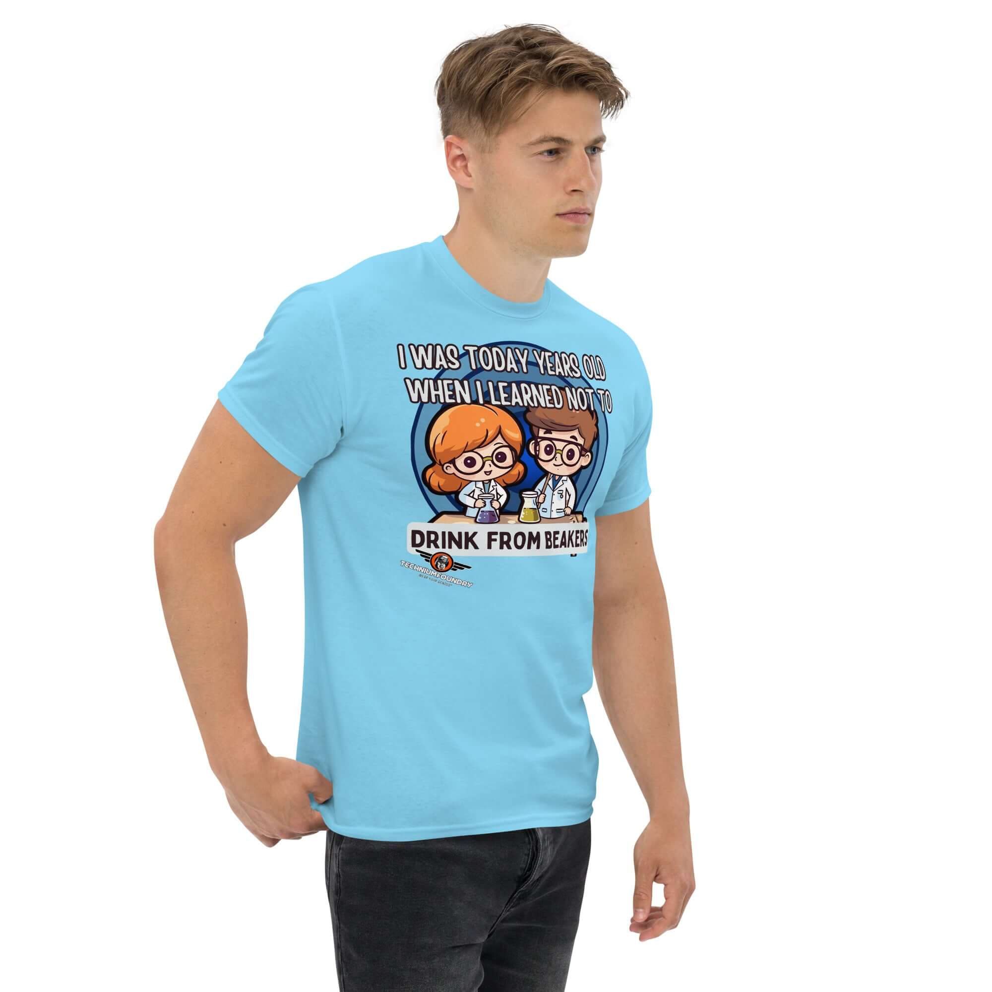 Man wearing 'I Was Today Years Old' lab safety t-shirt with kawaii scientists and 'Don't Drink from Beakers' chemistry humor design.