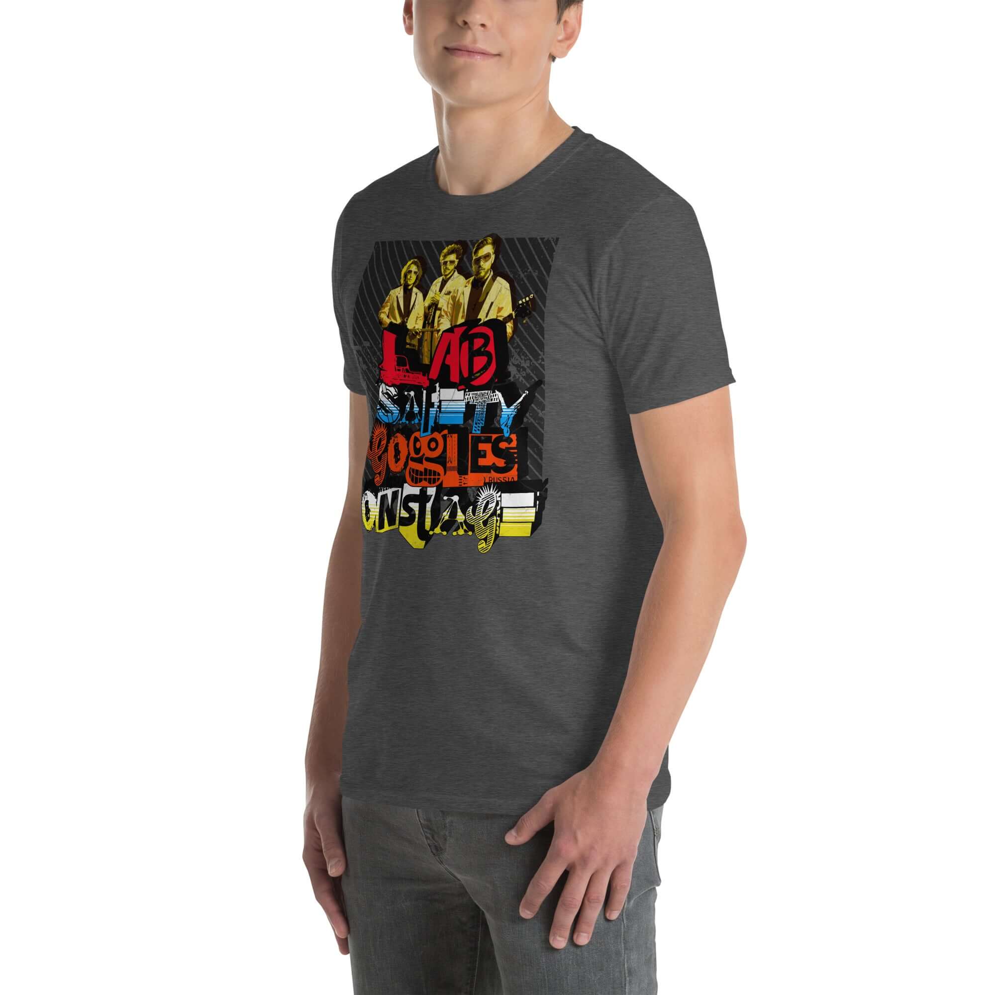 Lab Safety Goggles Onstage T-Shirt featuring a science rock band design in vintage style, emphasizing both safety and style.